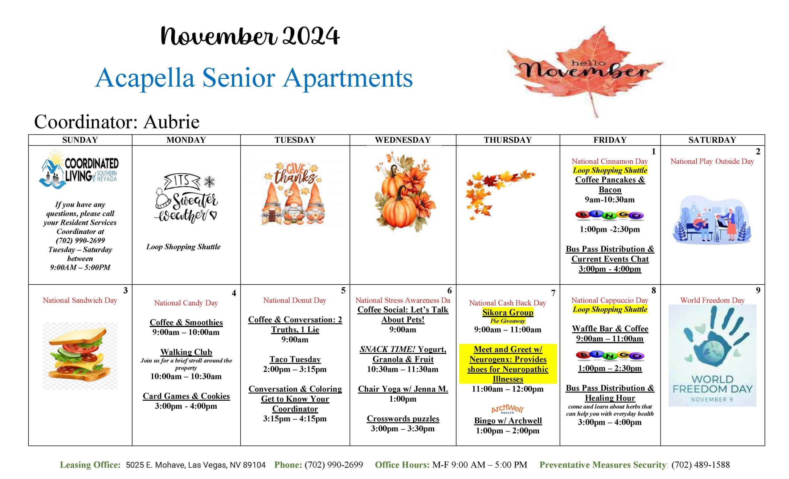 Acapella Senior Apartments Event Calendar