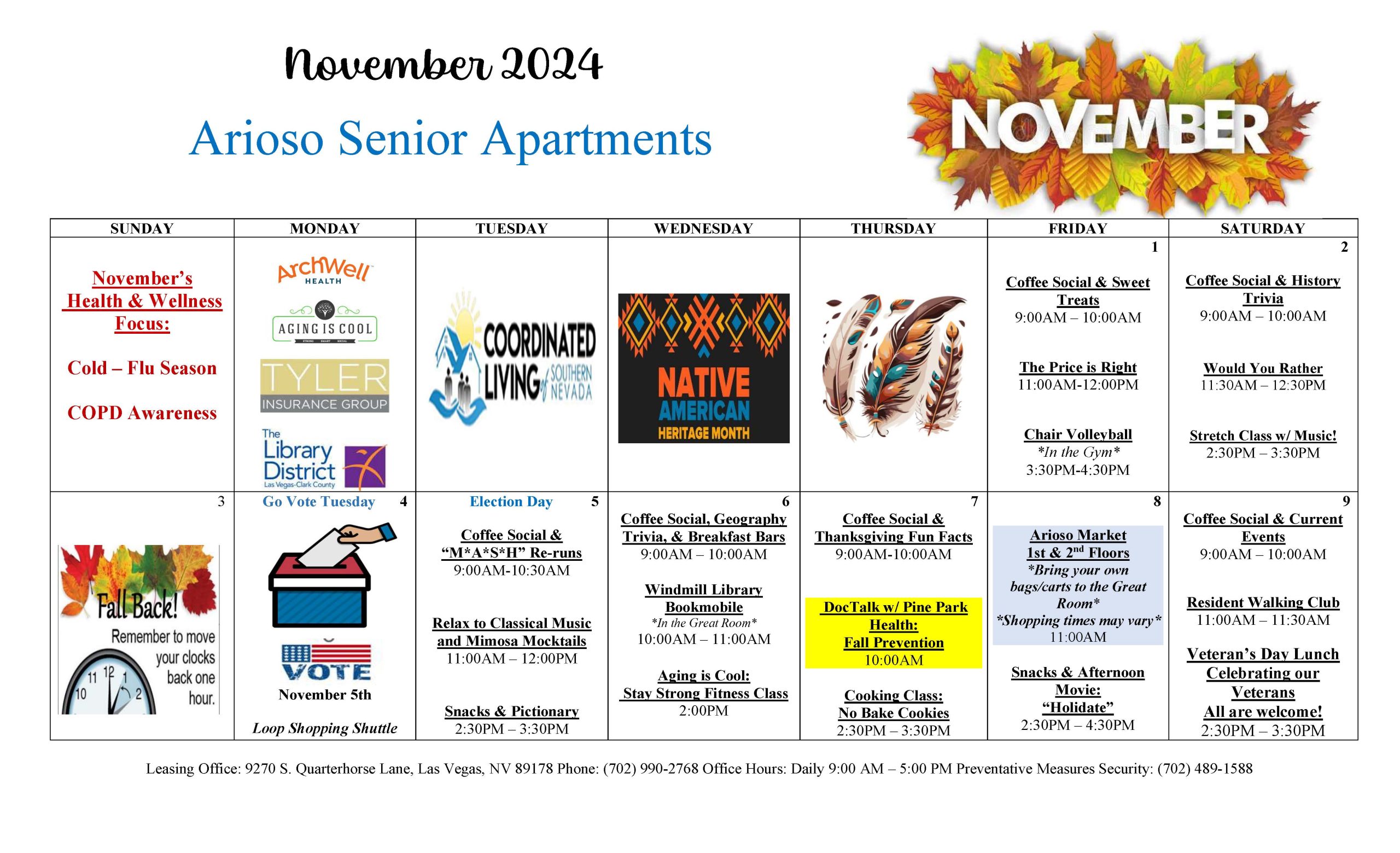 Arioso Senior Apartments Event Calendar