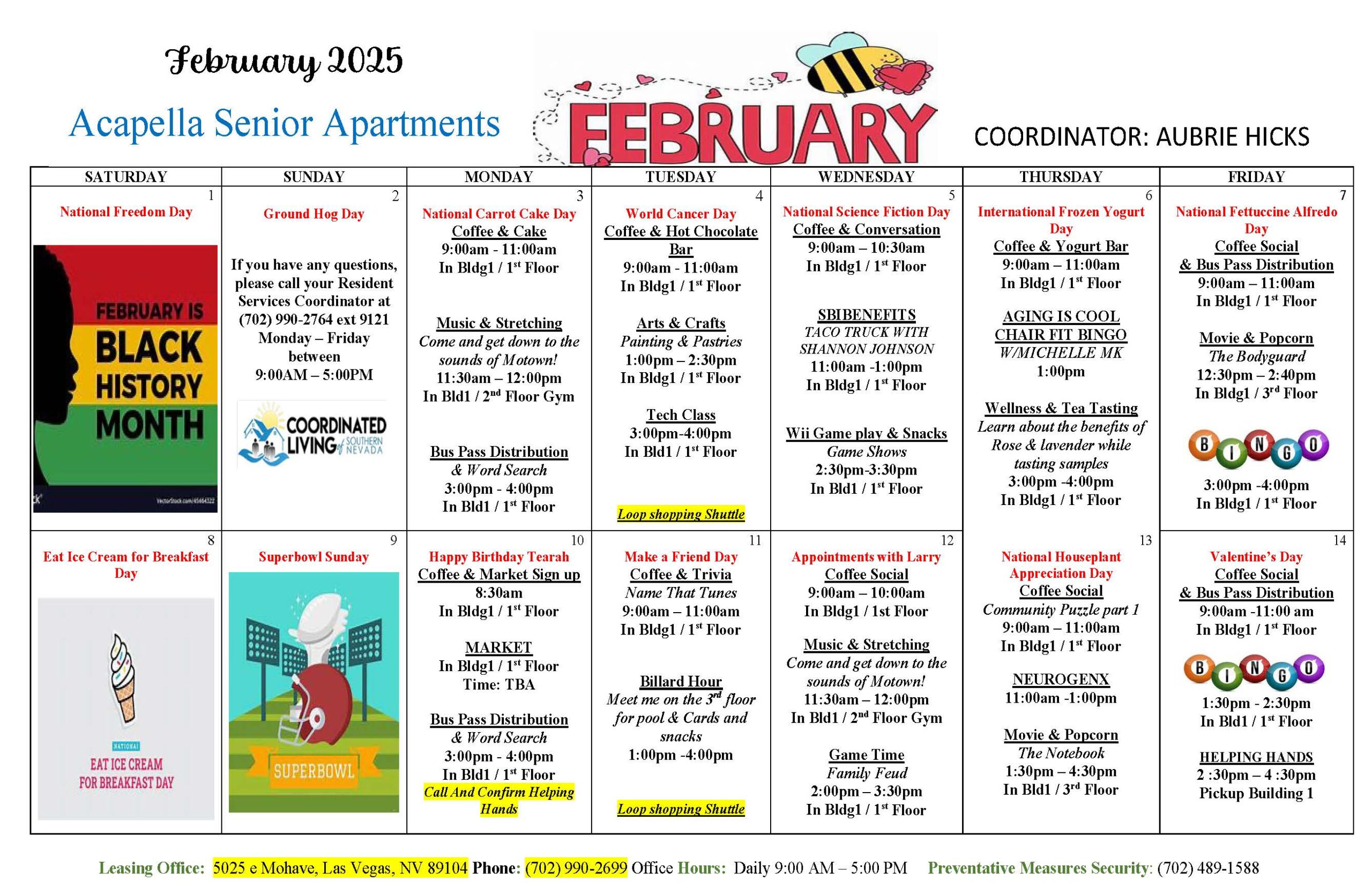 Acapella senior apartments February 2025 resident engagement events