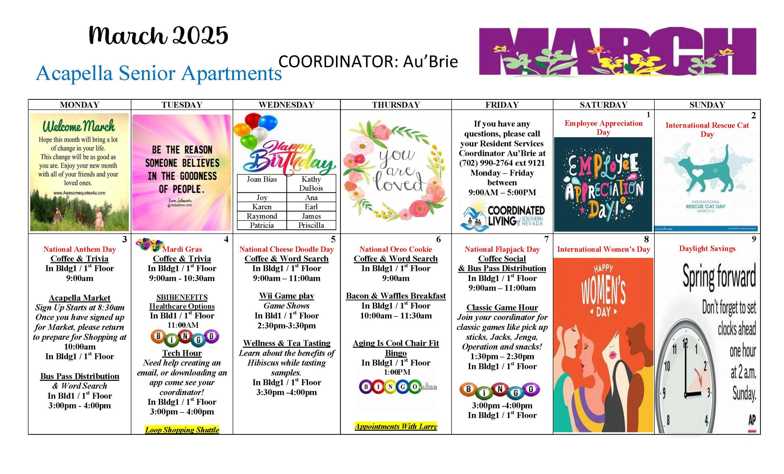 Resident engagement event calendar at Acapella Senior Apartments