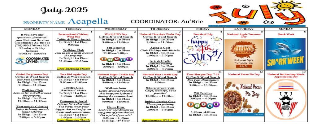 Acapella Senior Apartments Events July 2025