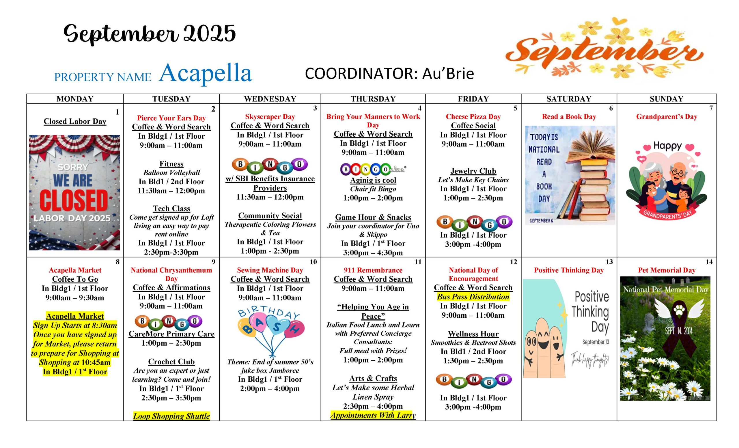 Acapella Senior Apartments Calendar screenshot