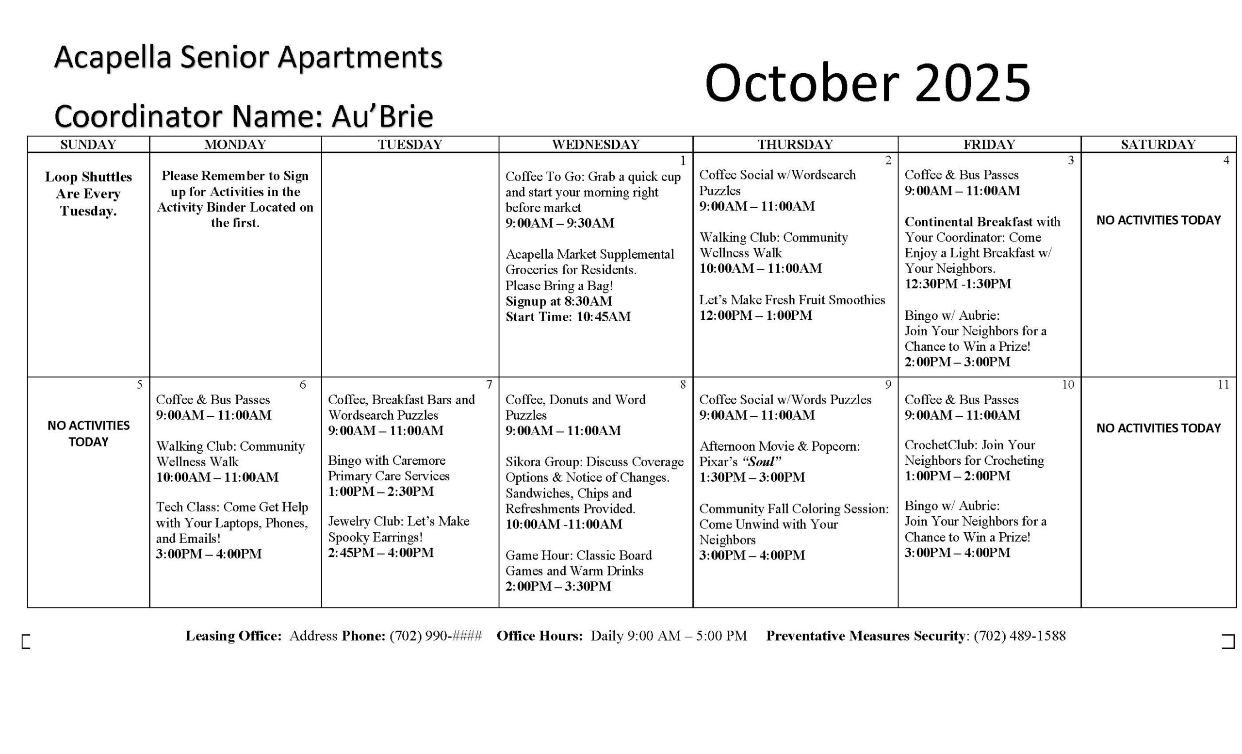 Acapella Senior Apartments Event Calendar