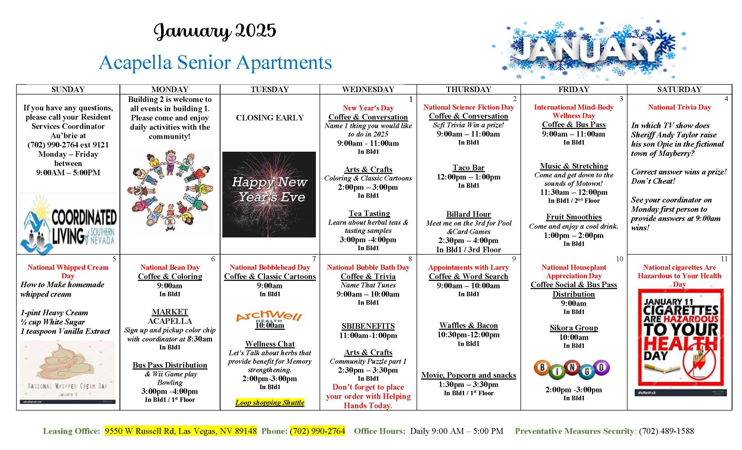 Acapella Senior Housing Event Calendar January 2025