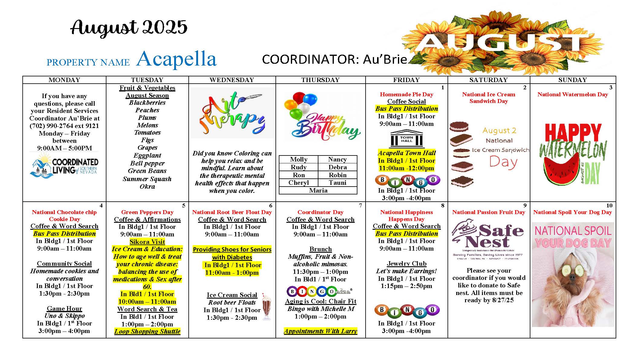 Acapella Senior Apartments Events Calendar for August 2025