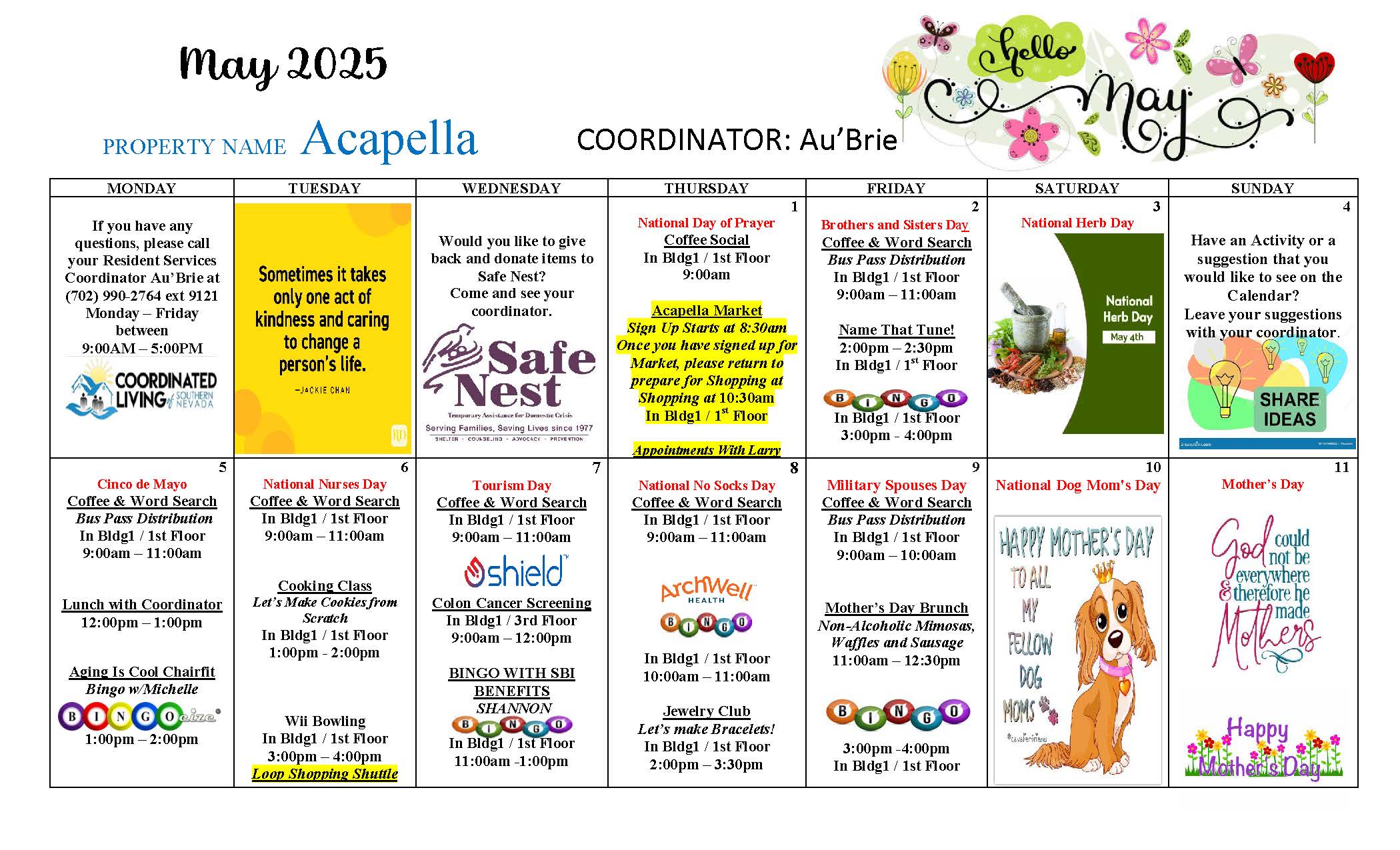 Acapella Resident Events Calendar for May 2025