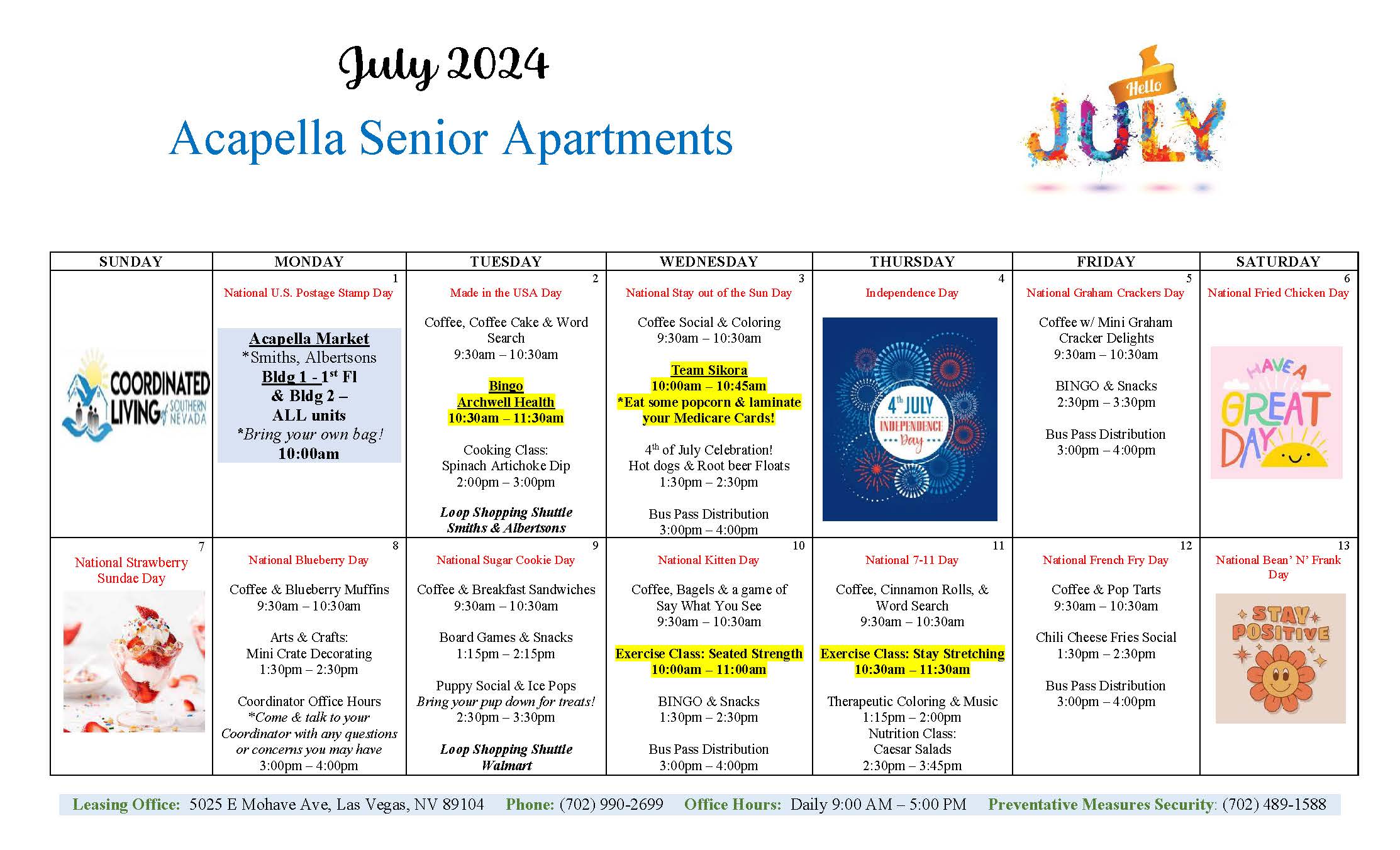 Acapella Senior Apartments Calendar of Events July 2024