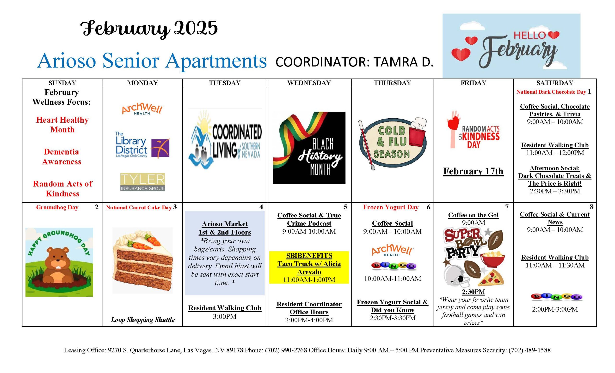 Arioso senior apartments February 2025 resident engagement events