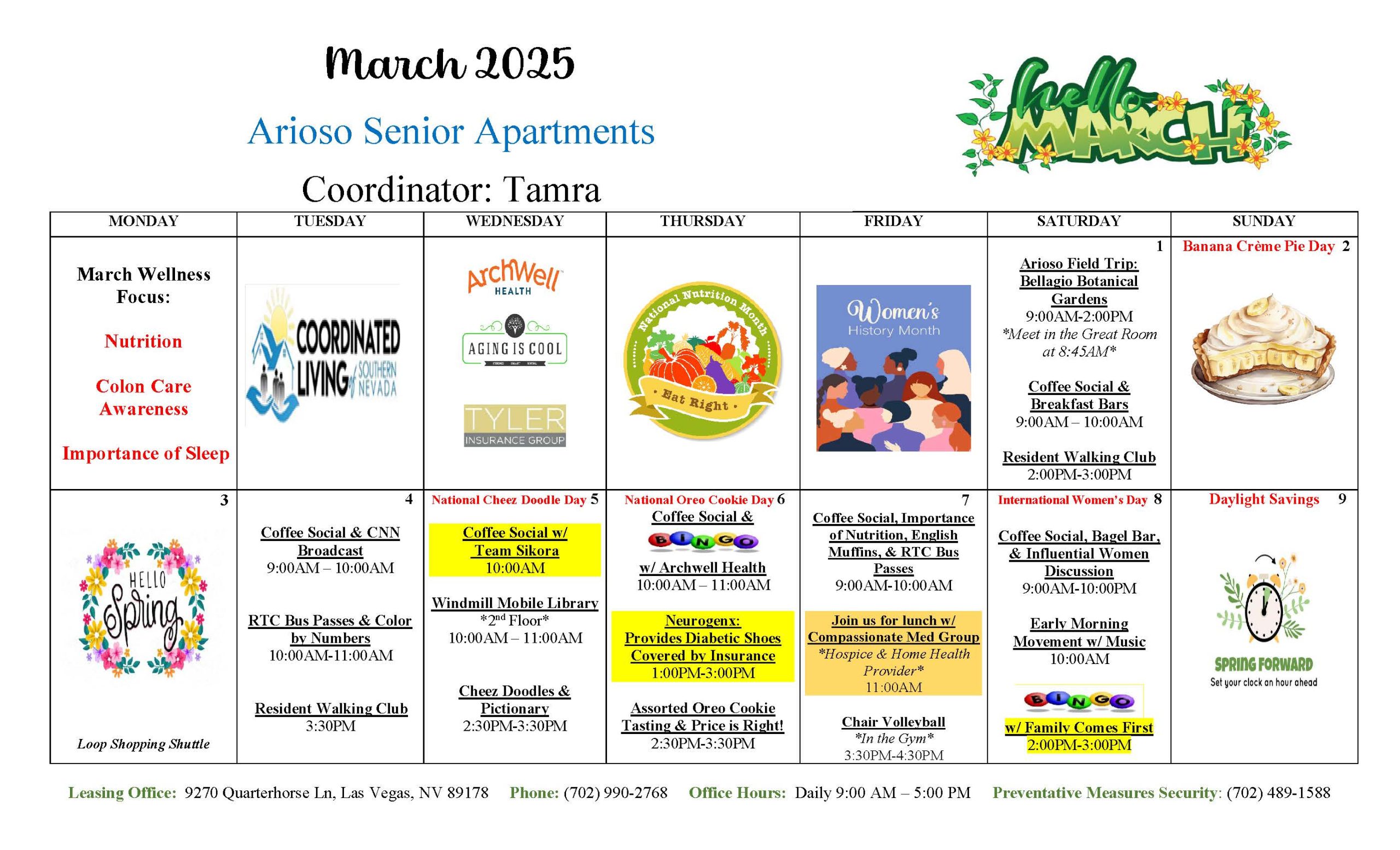 Resident engagement event calendar at Arioso Senior Apartments