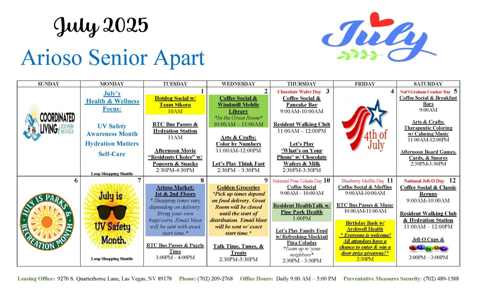 Arioso Senior Apartments Events July 2025