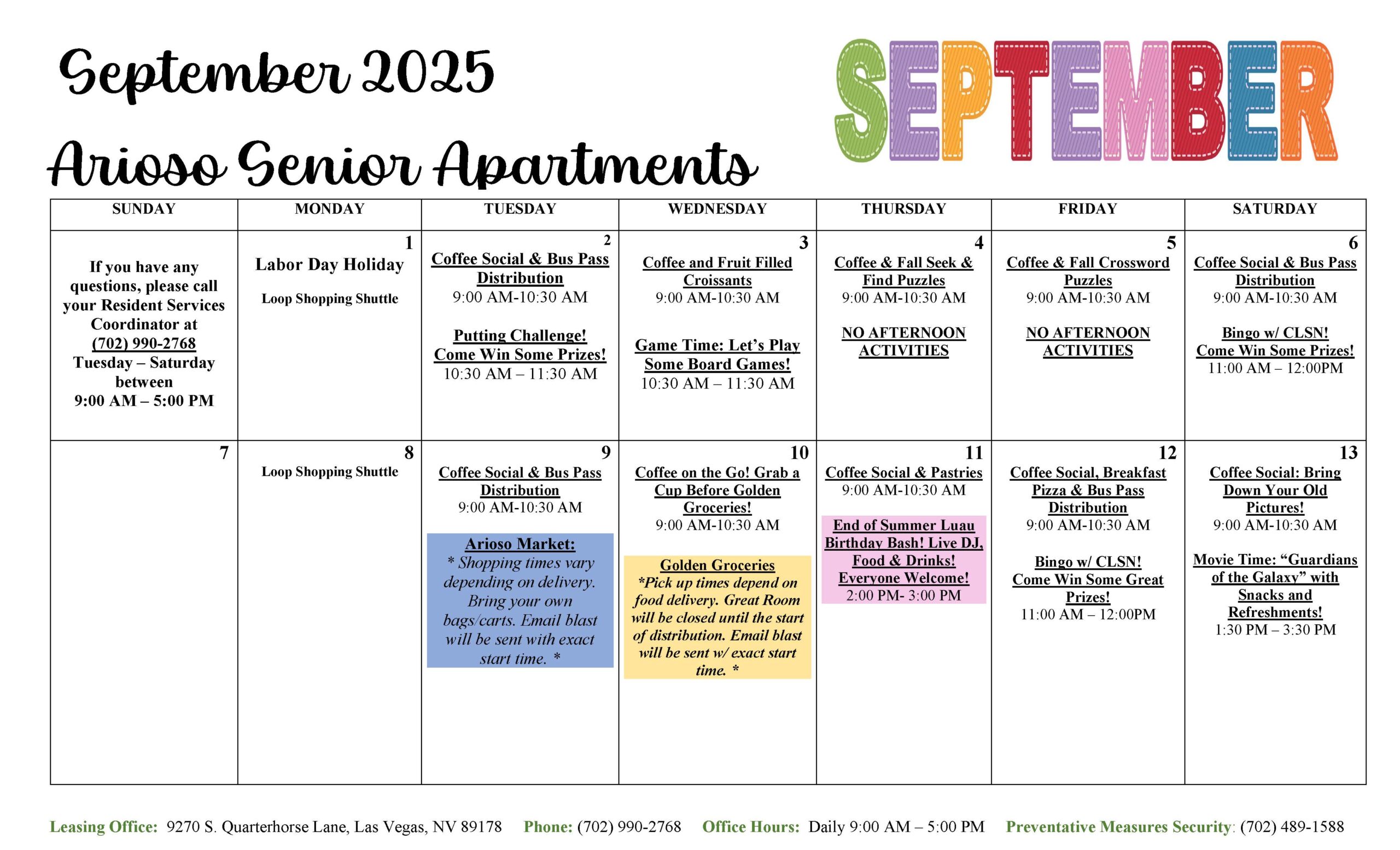 Arioso Senior Apartments Calendar screenshot