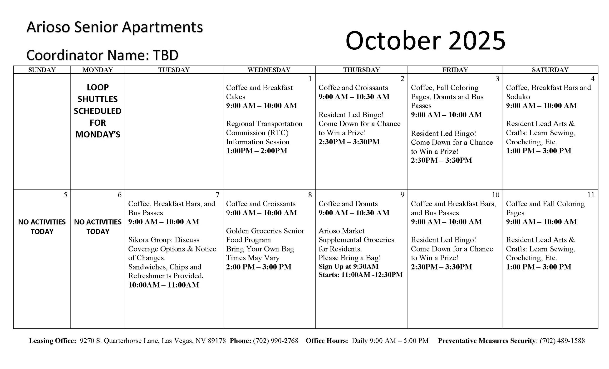 Arioso Senior Apartments Event Calendar