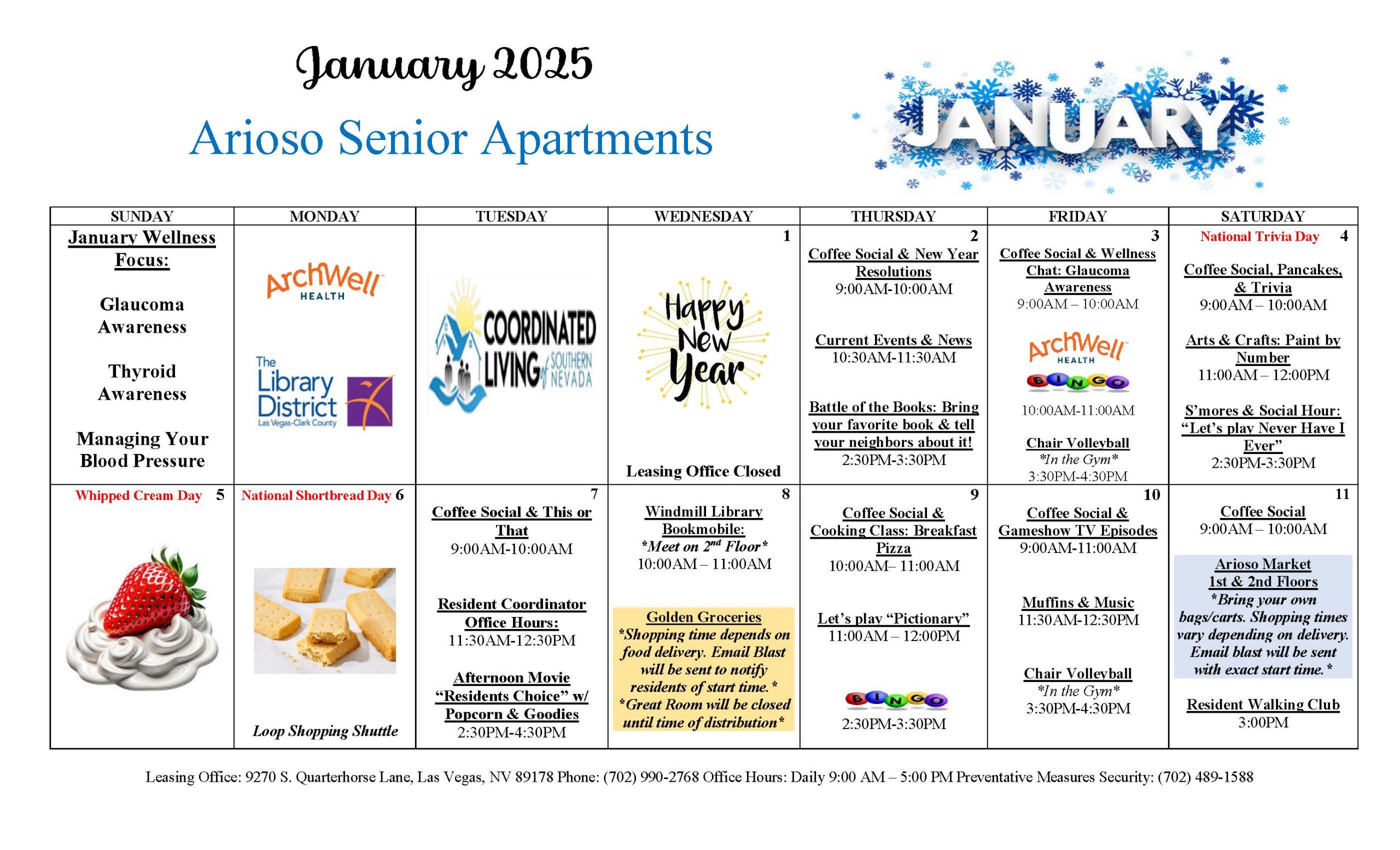 Arioso Senior Housing Event Calendar January 2025