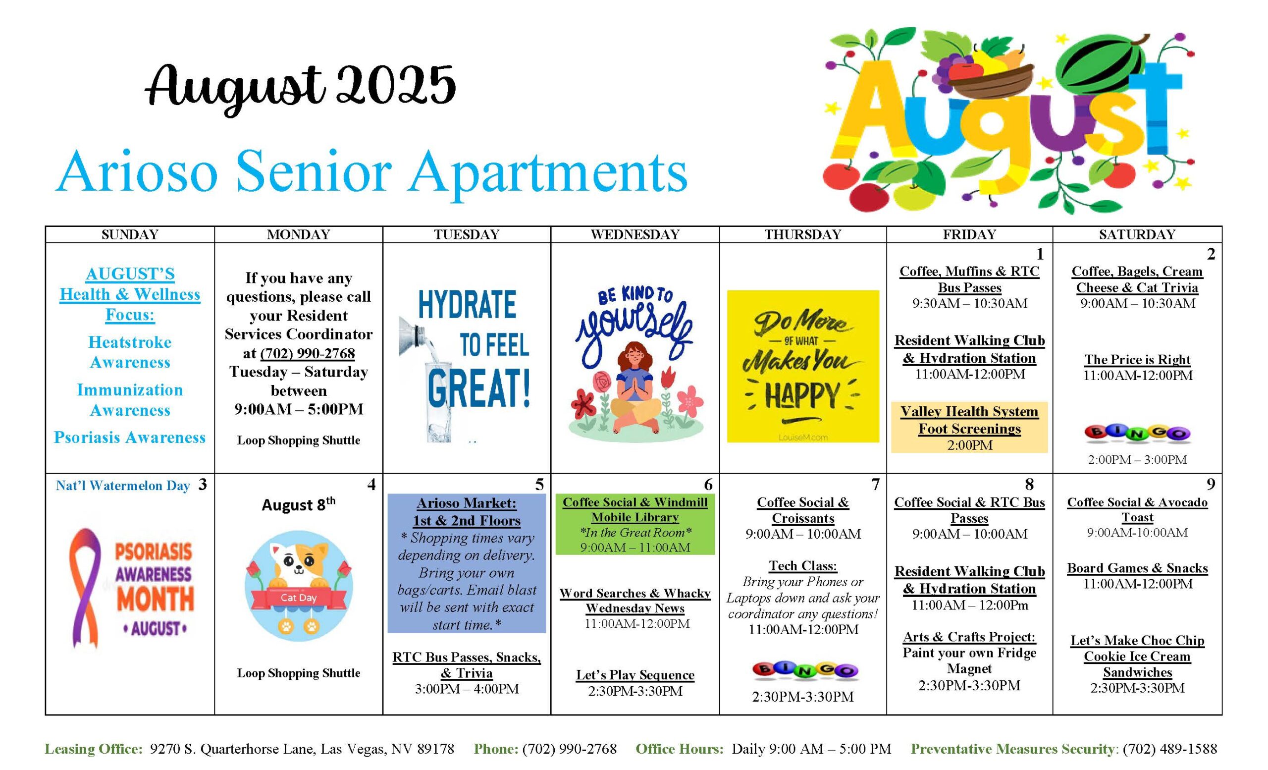 Arioso Senior Apartments Events Calendar for August 2025