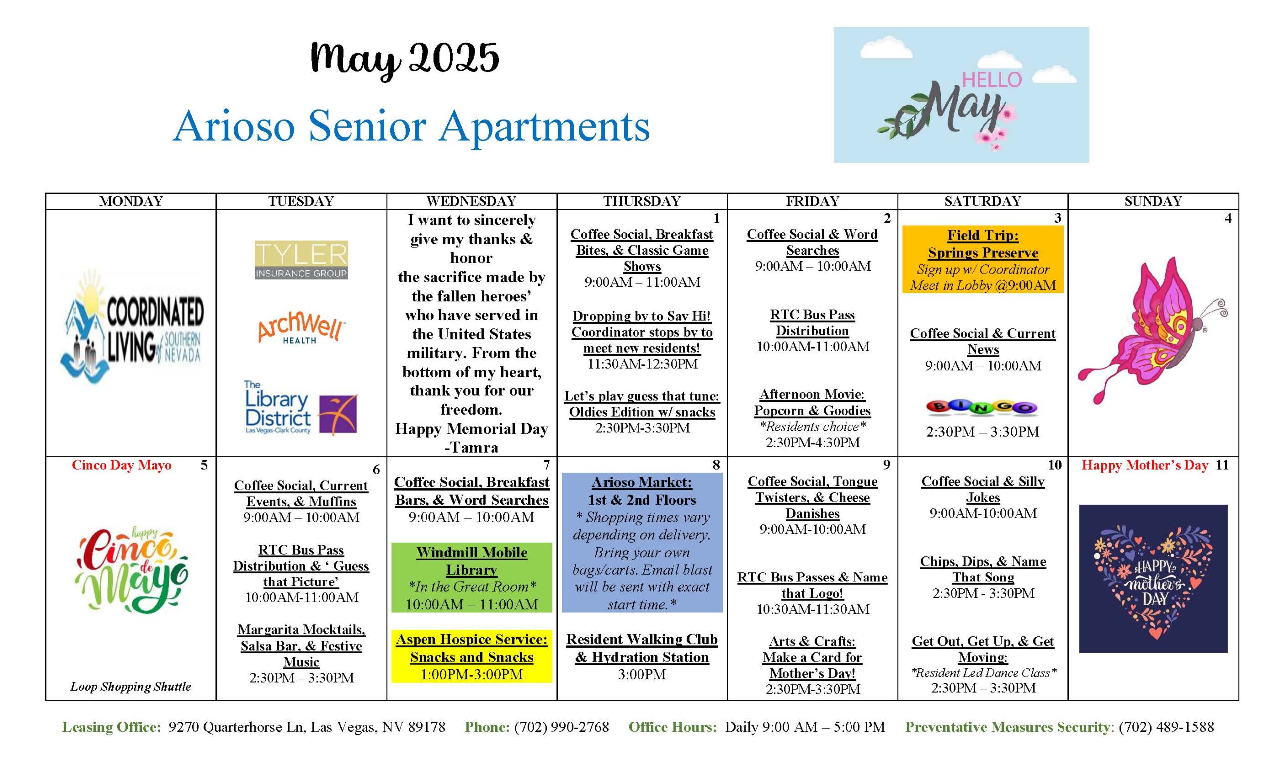 Arioso Resident Events Calendar for May 2025