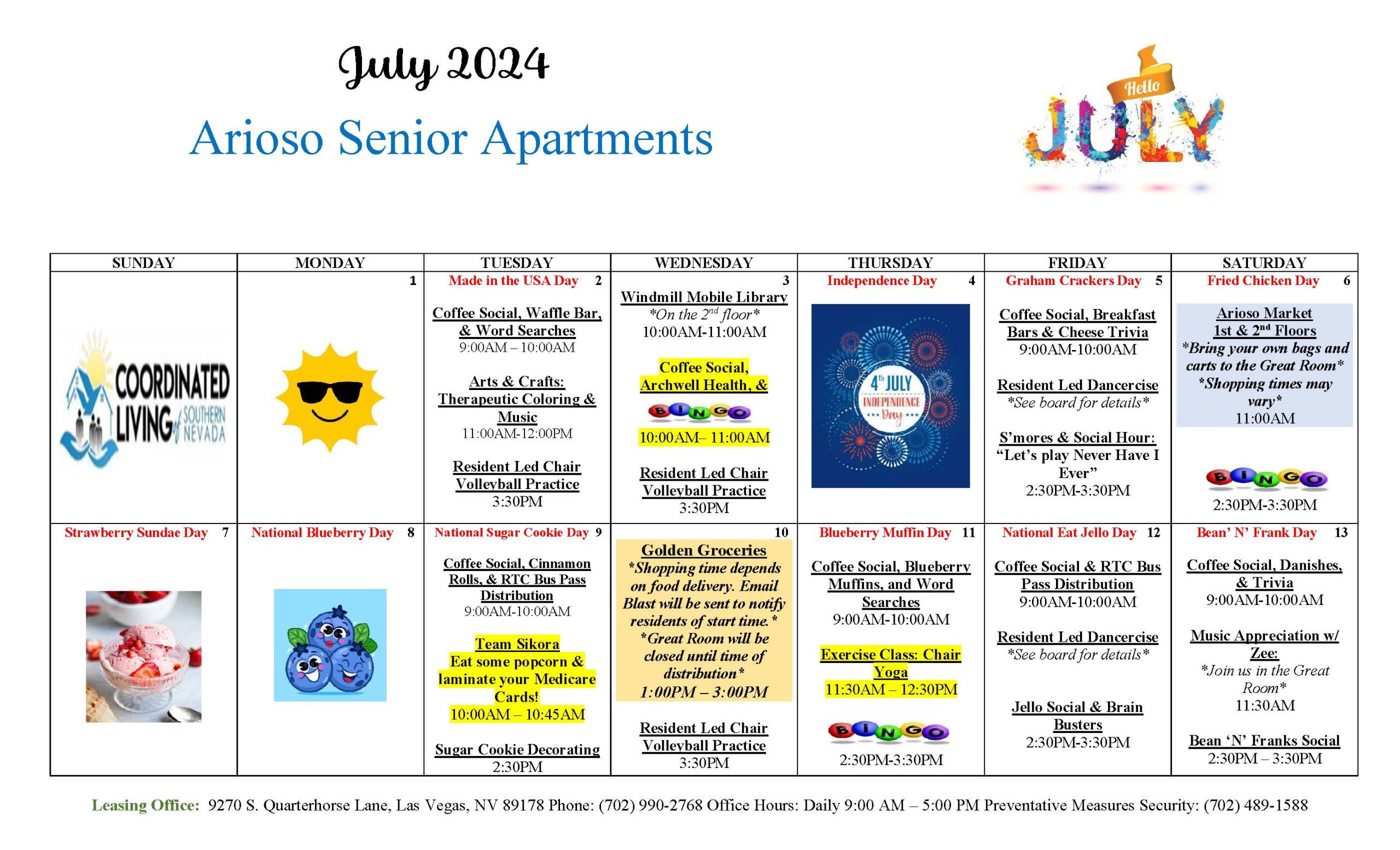 Arioso Senior Apartments Calendar of Events July 2024
