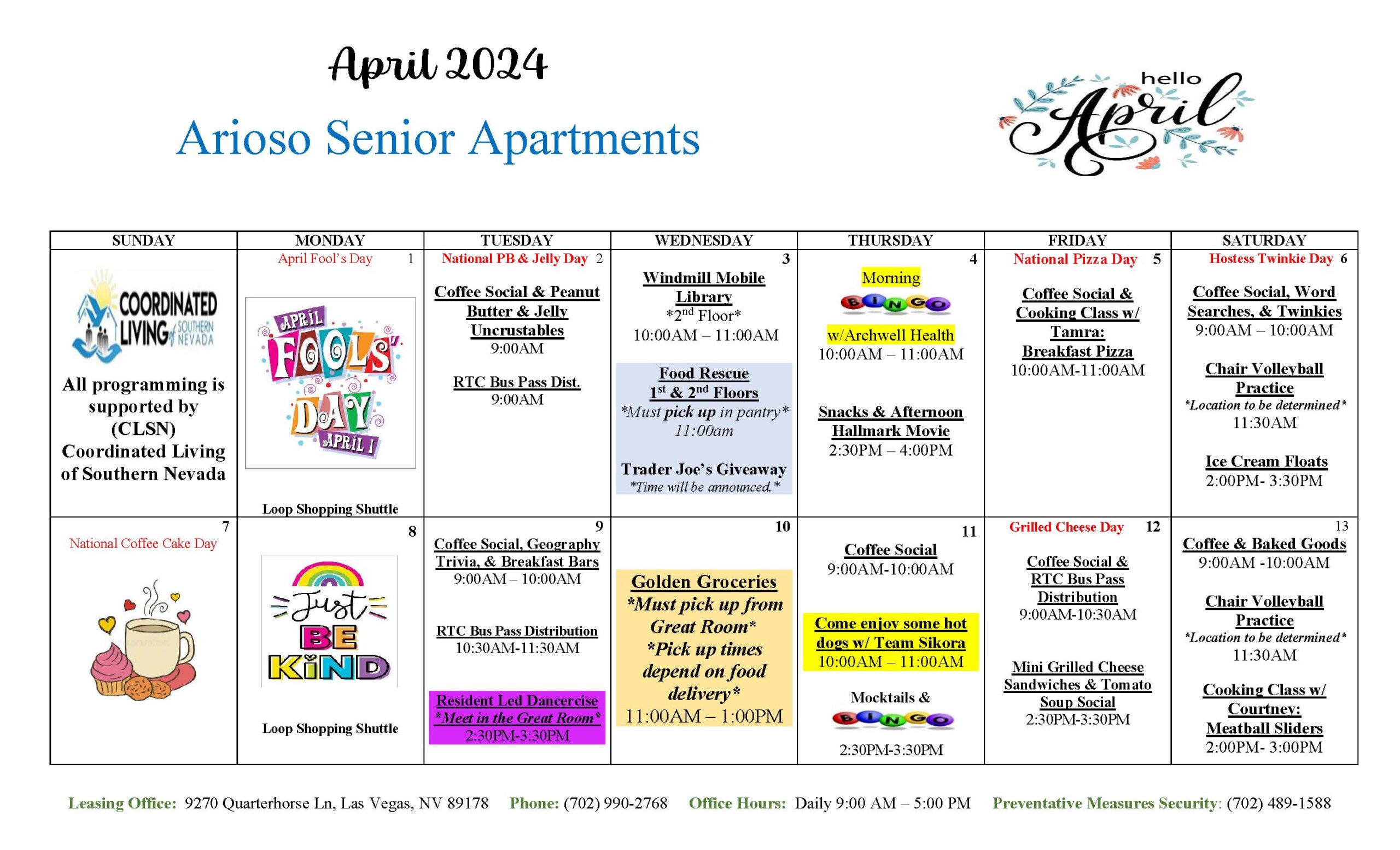 Arioso Senior Apartments Event Calendar April 2024