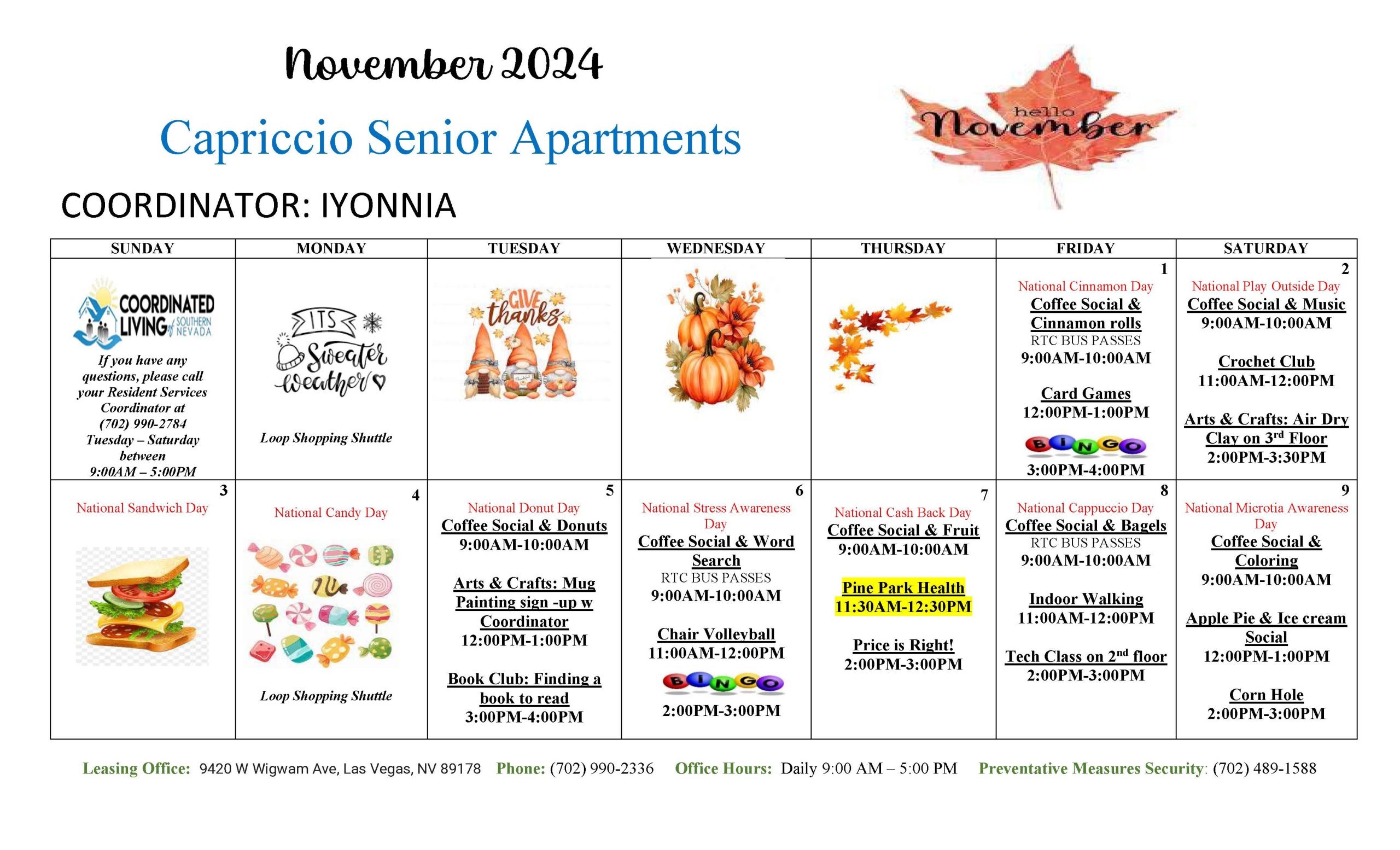 Capriccio Senior Apartments Event Calendar