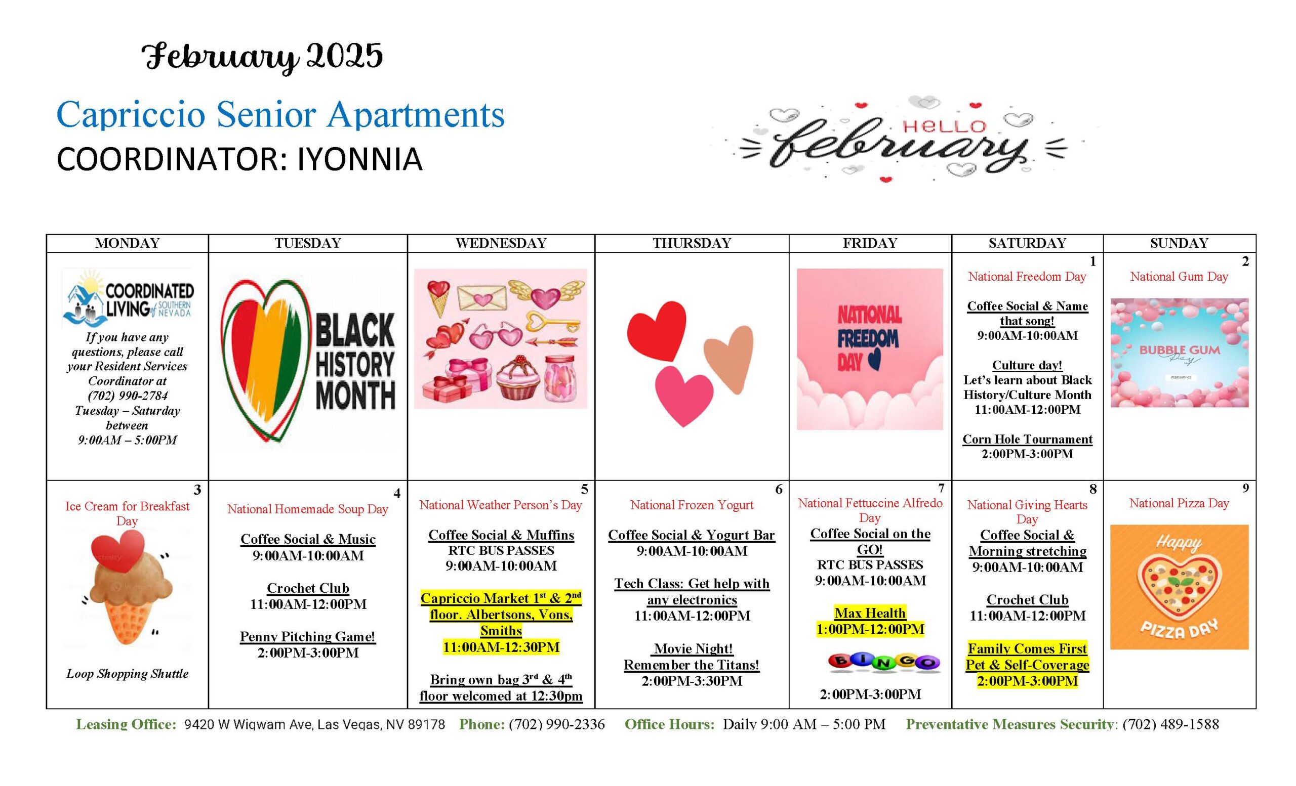 Capriccio senior apartments February 2025 resident engagement events