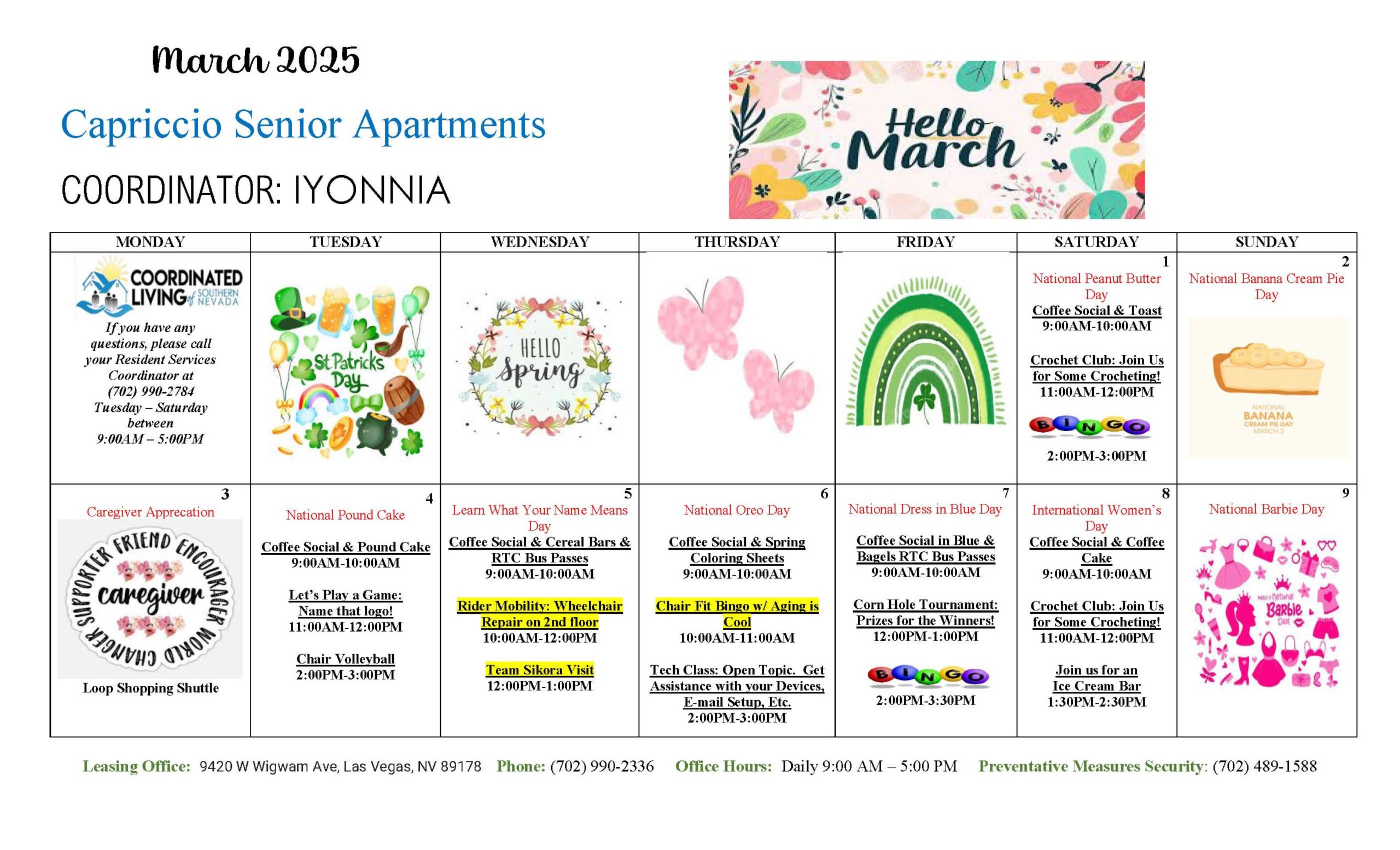 Resident engagement event calendar at Capriccio Senior Apartments