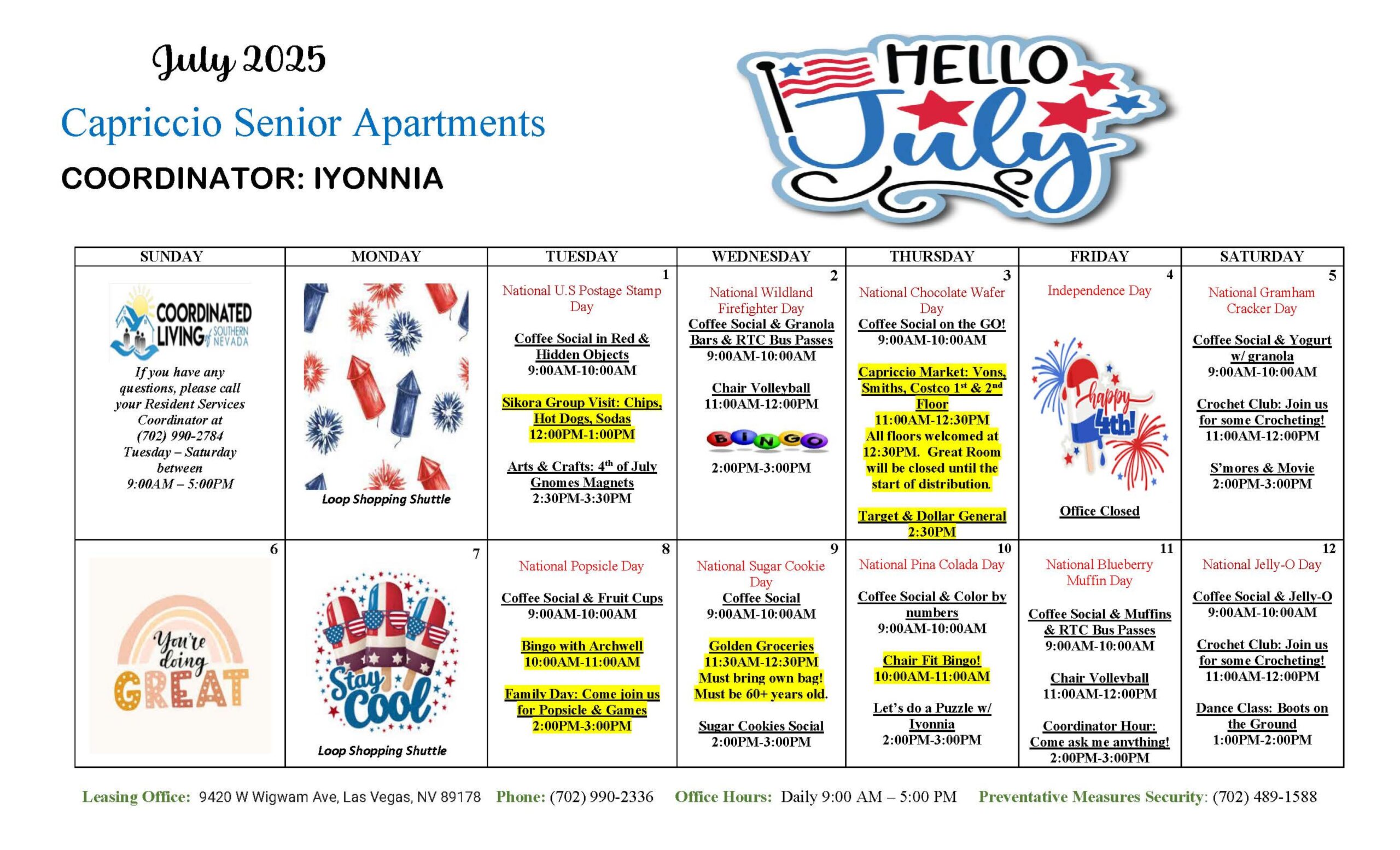 Capriccio Senior Apartments Events July 2025