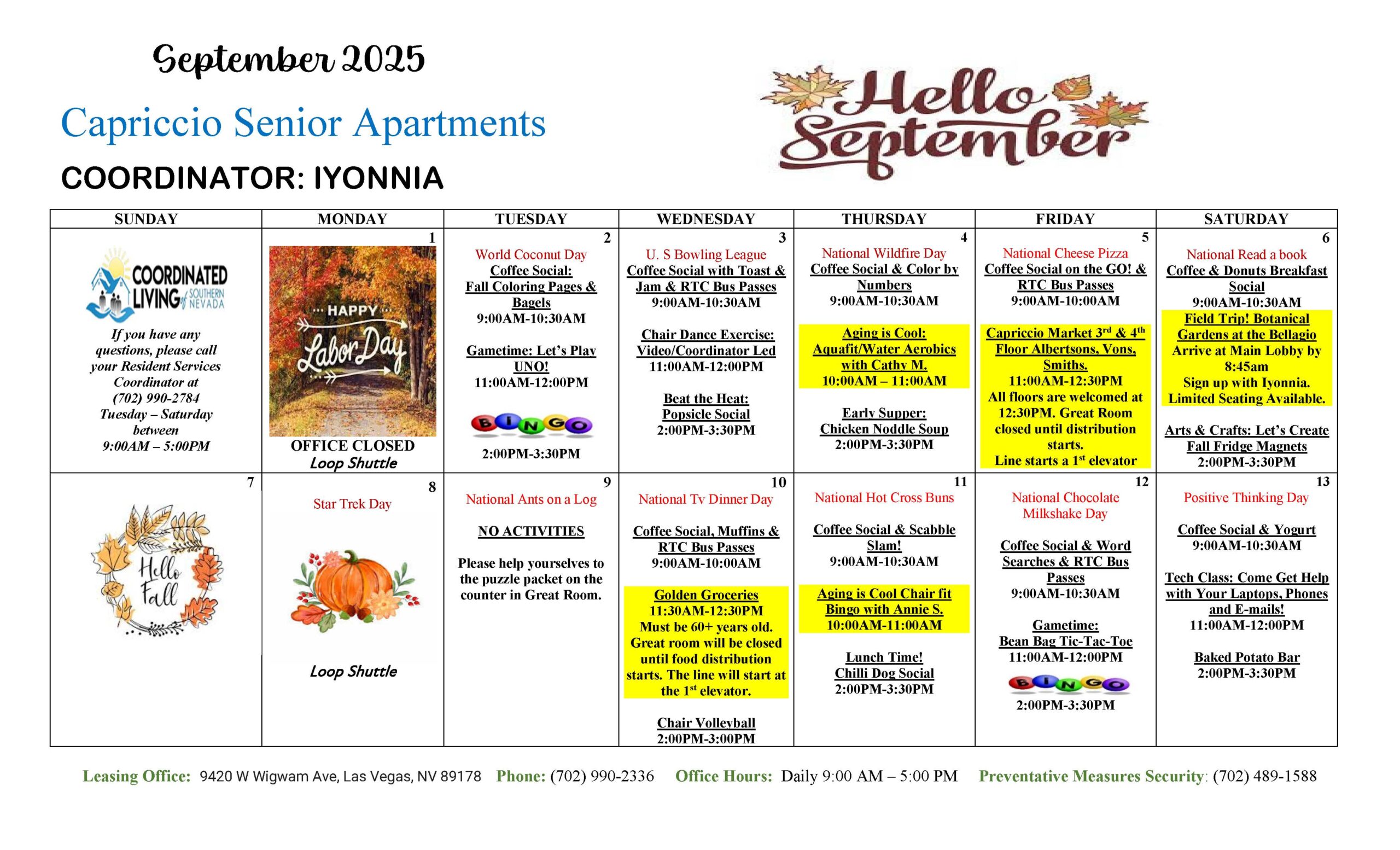 Capriccio Senior Apartments Calendar screenshot