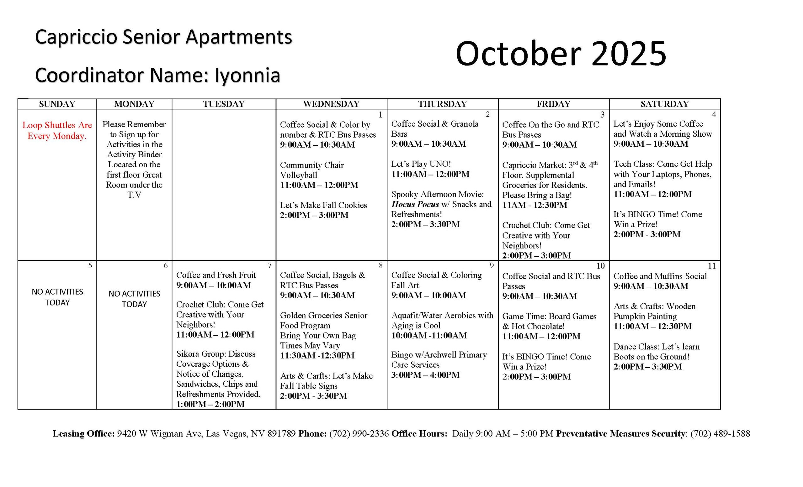 Capriccio Senior Apartments Event Calendar
