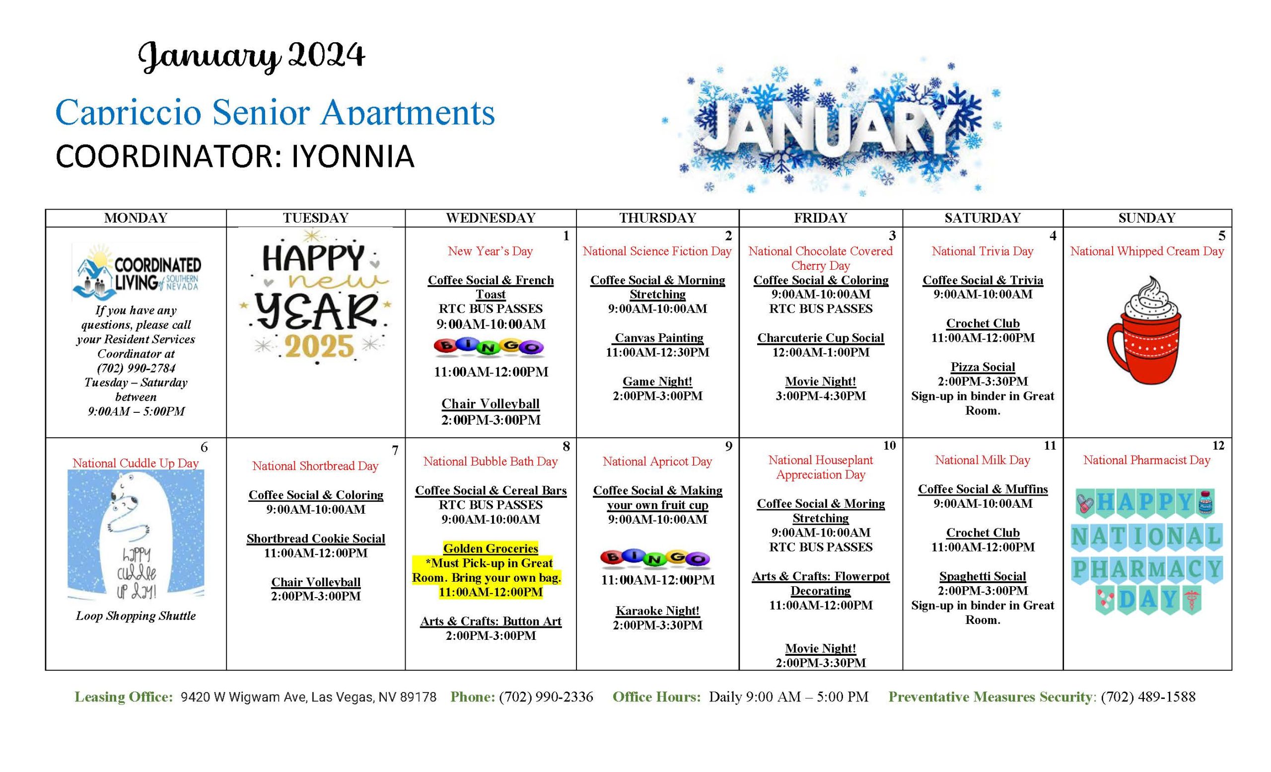 Capriccio Senior Housing Event Calendar January 2025