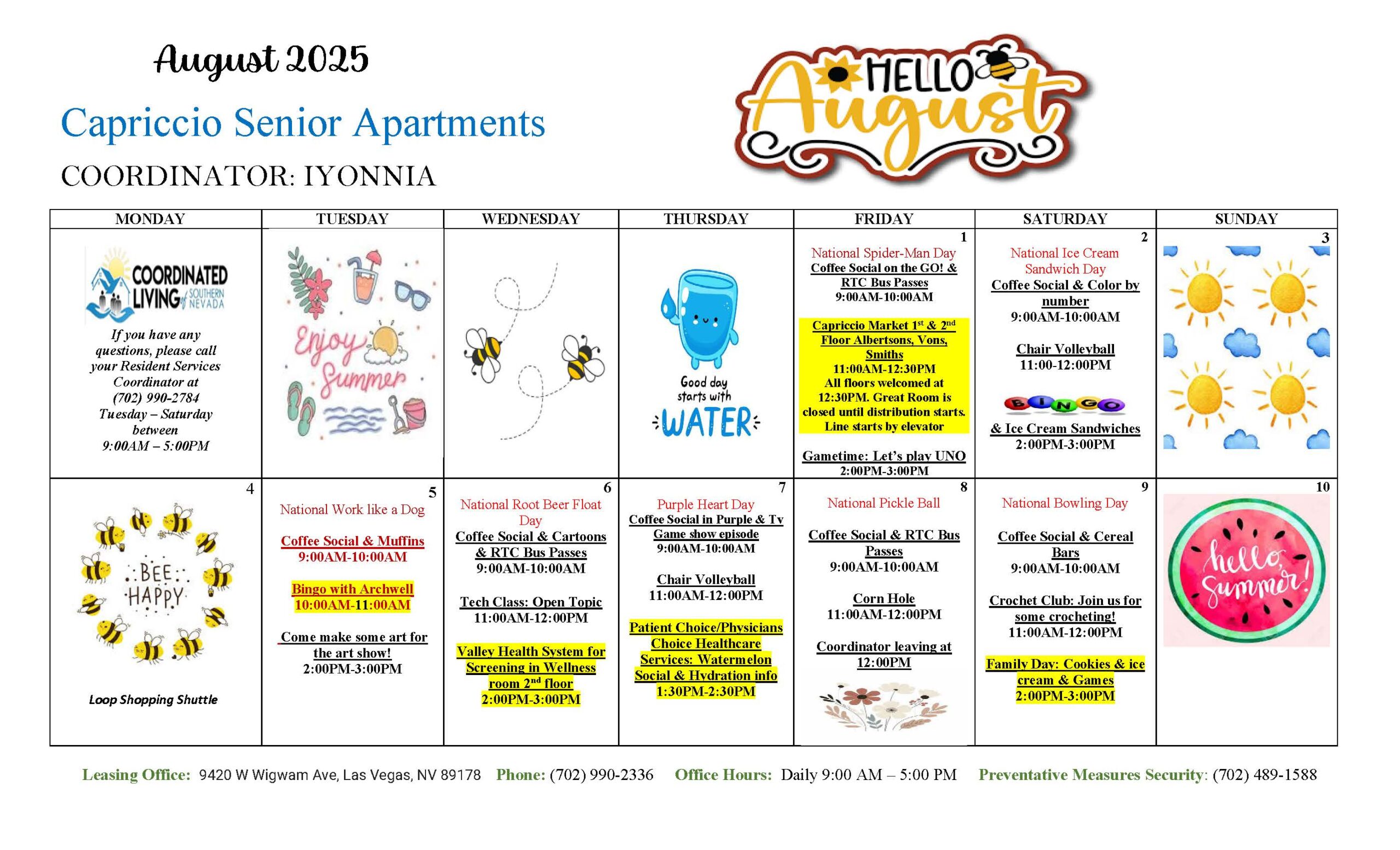 Capriccio Senior Apartments Events Calendar for August 2025