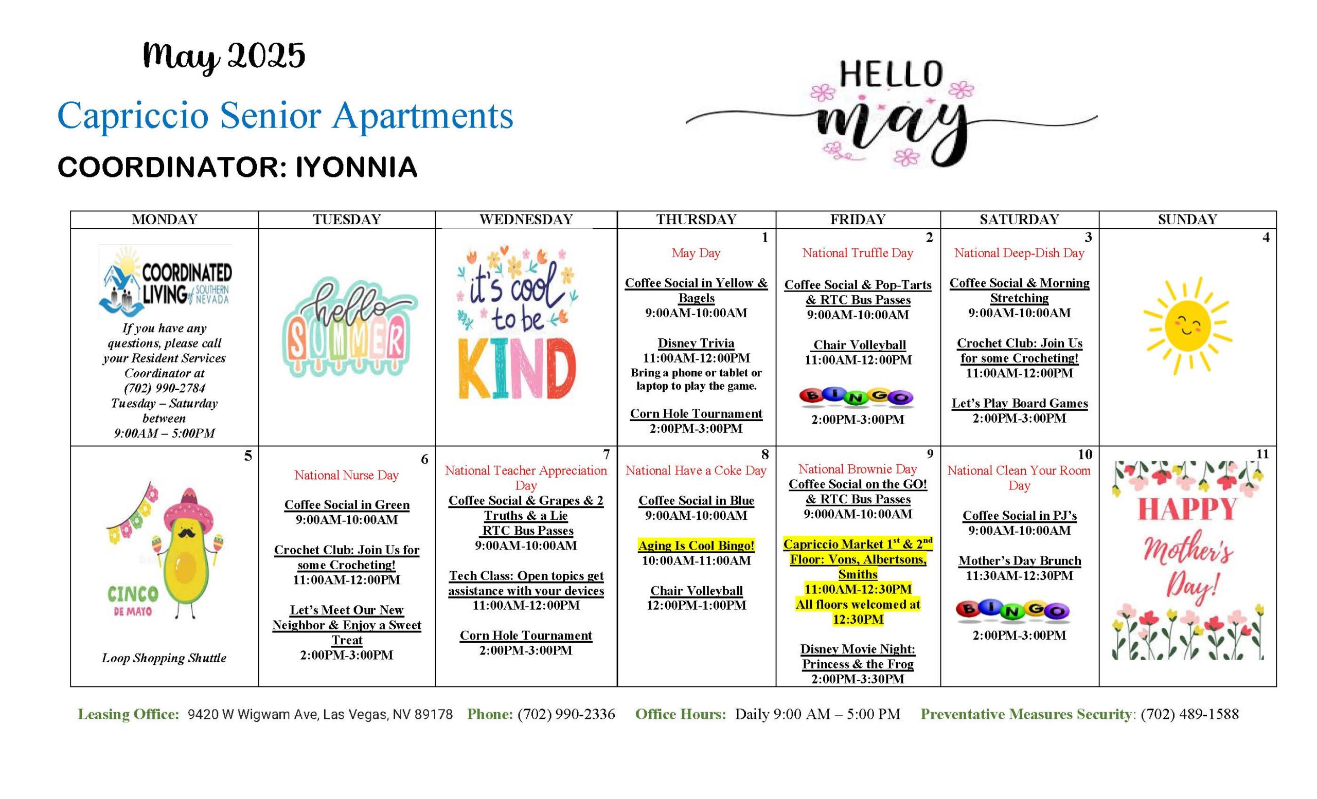 Capriccio Resident Events Calendar for May 2025