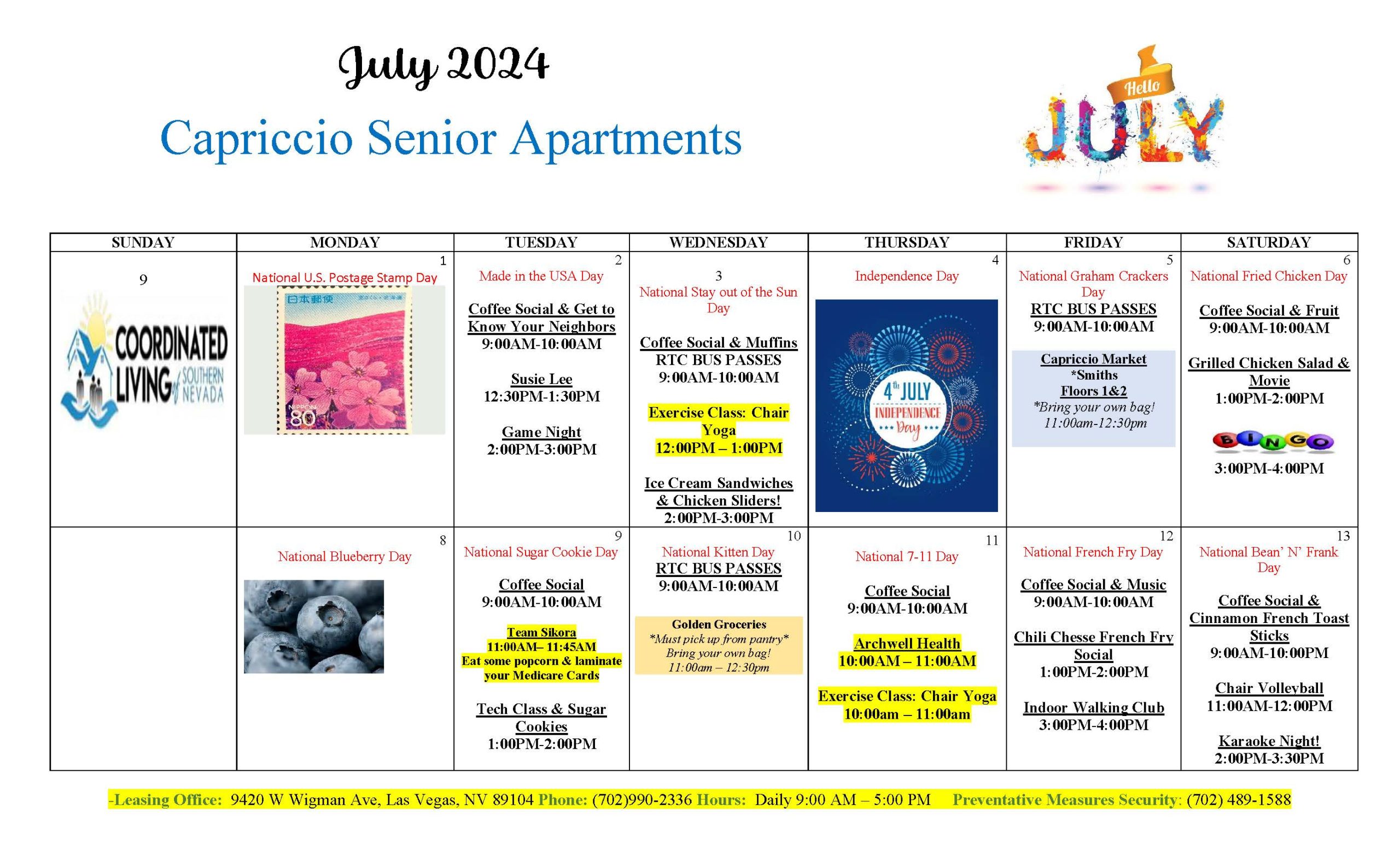 Capriccio Senior Apartments Calendar of Events July 2024