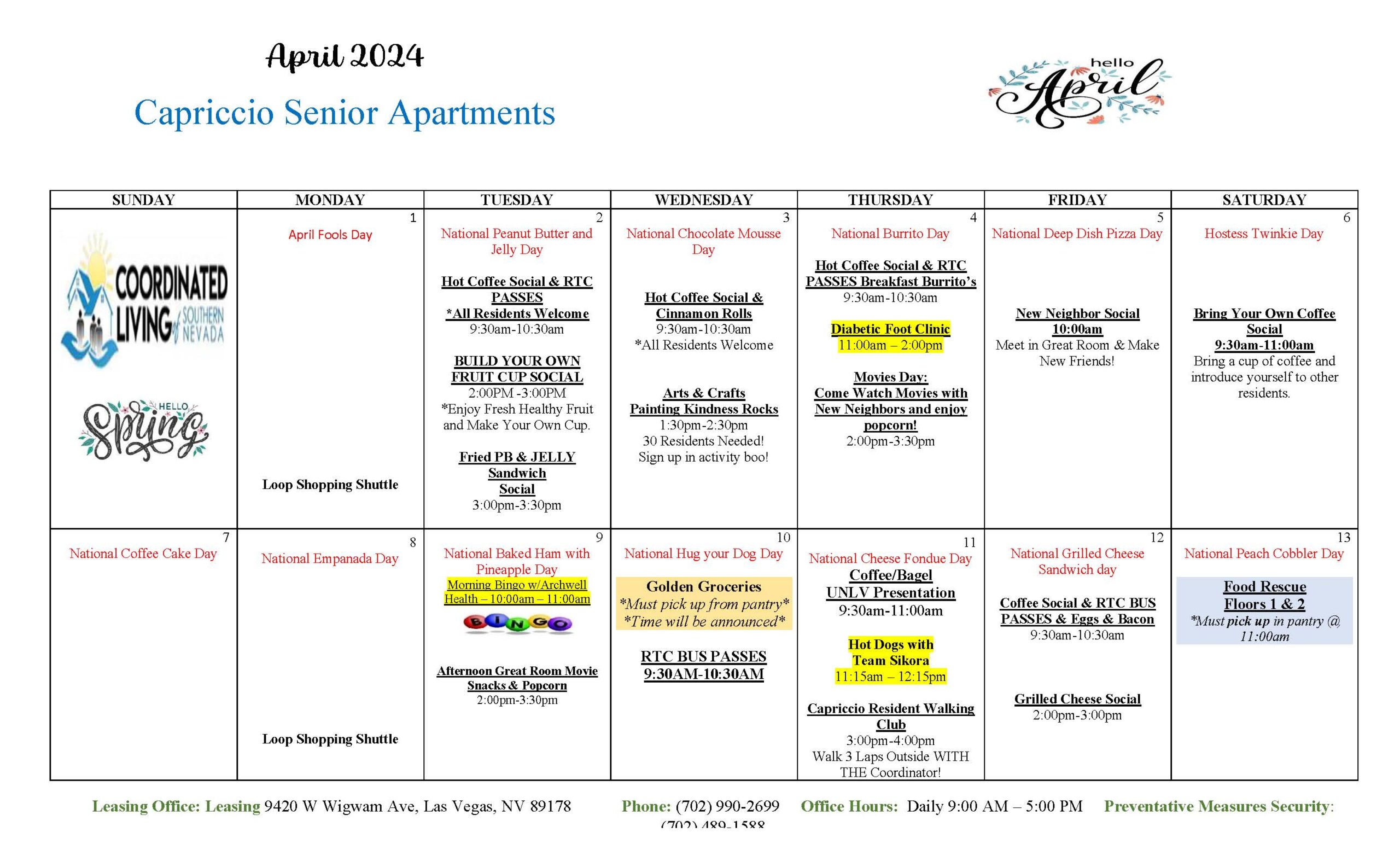 Capriccio Event Calendar April 2024