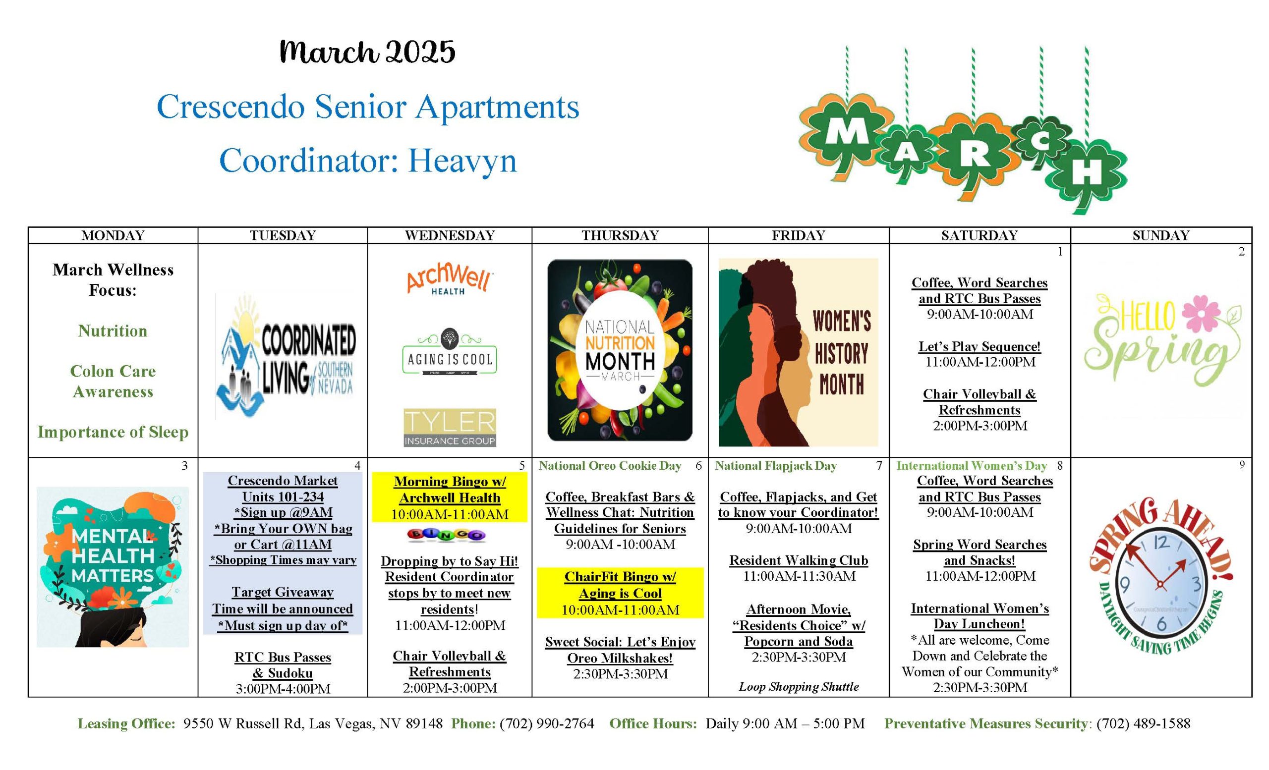 Resident engagement event calendar at Crescendo Senior Apartments