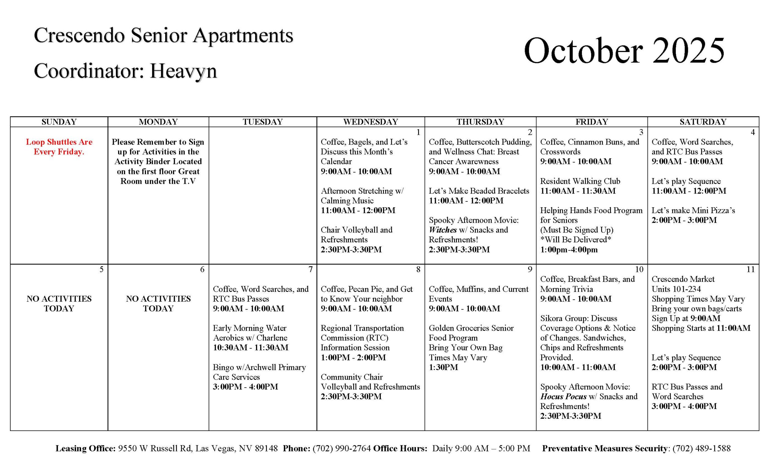 Crescendo Senior Apartments Event Calendar