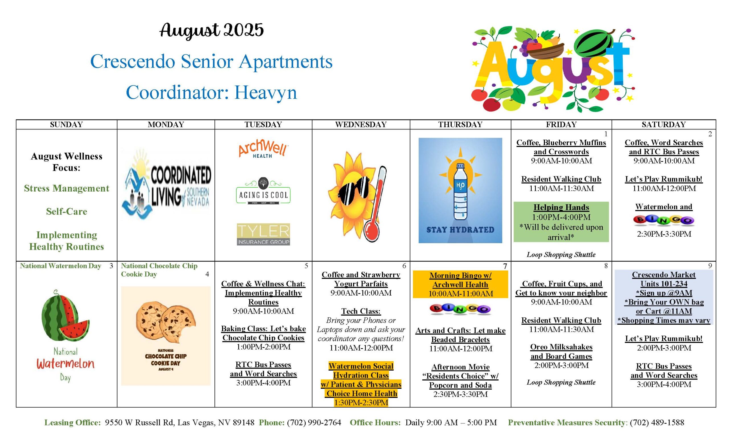 Crescendo Senior Apartments Events Calendar for August 2025