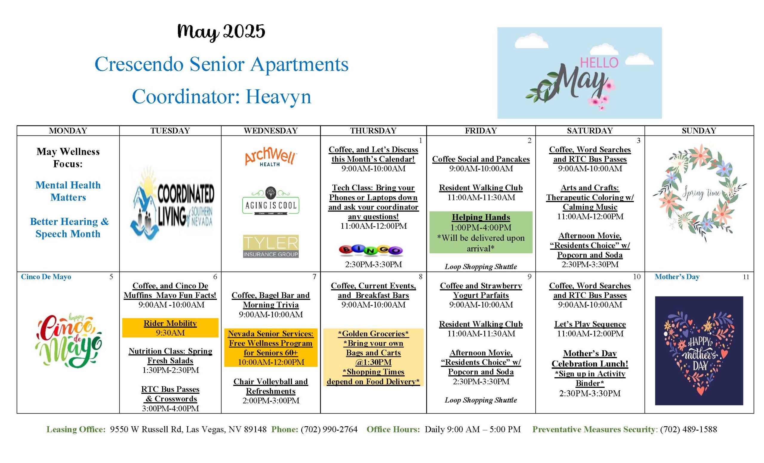 Crescendo Resident Events Calendar for May 2025