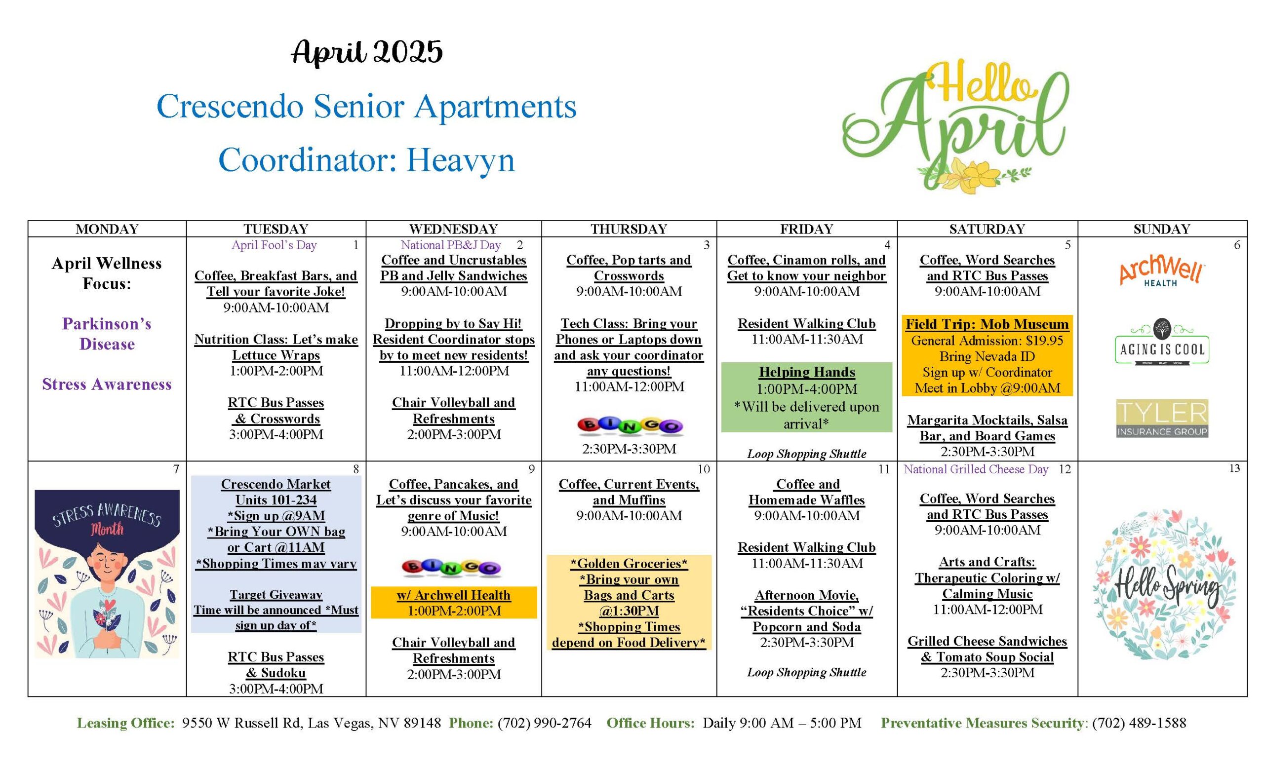 Crescendo Senior Living Resident Engagement Calendar for April 2025