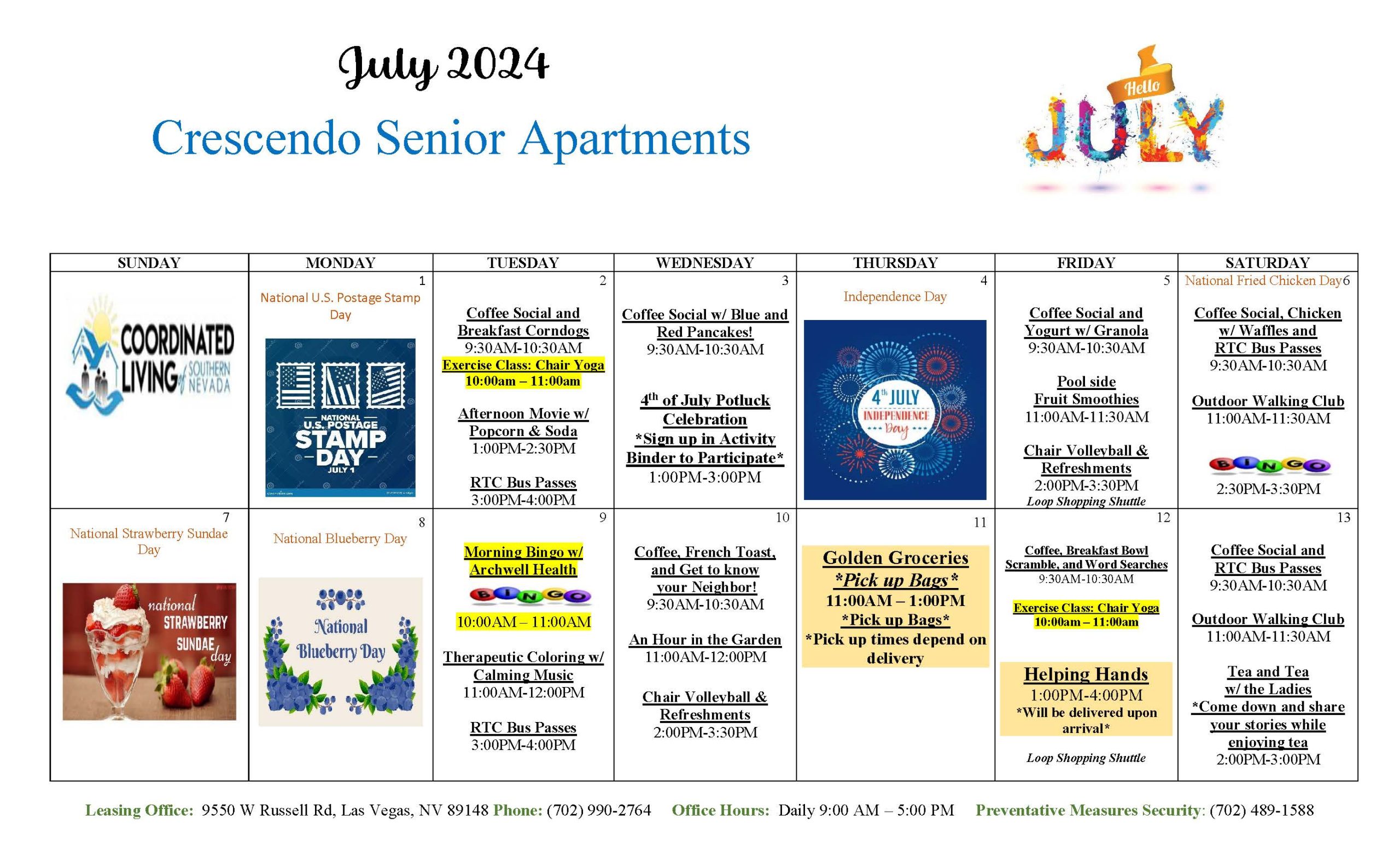 Crescendo Senior Apartments Calendar of Events July 2024