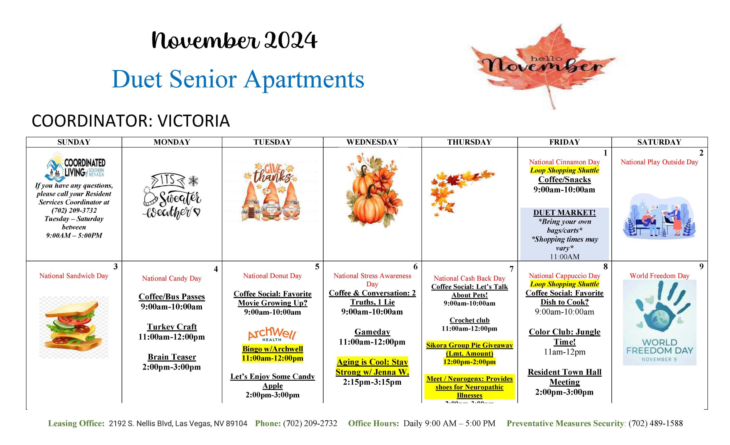 Duet Senior Apartments Event Calendar