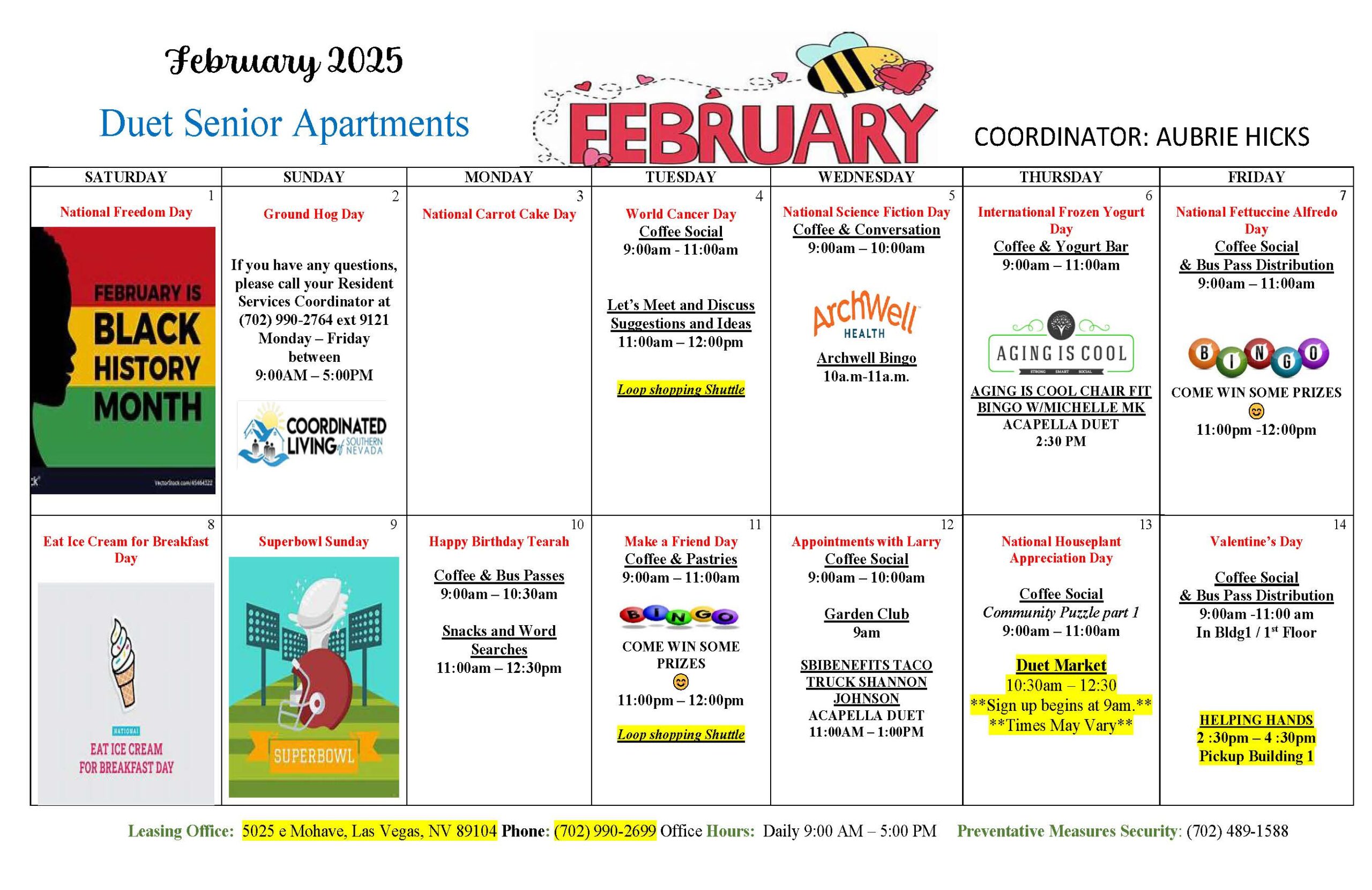 Duet senior apartments February 2025 resident engagement events