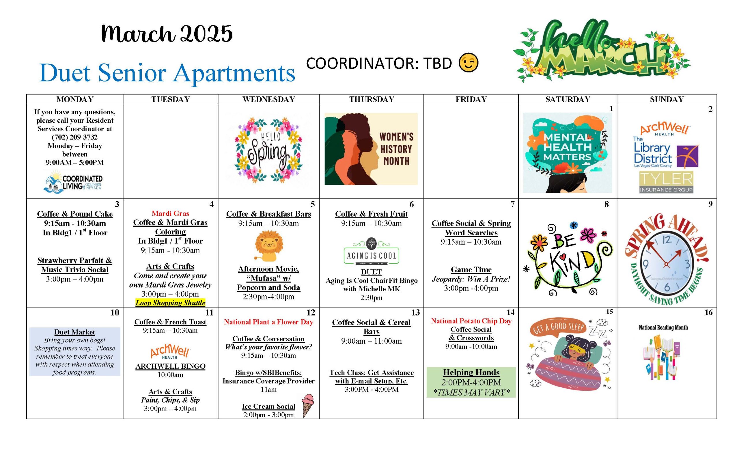 Resident engagement event calendar at Duet Senior Apartments