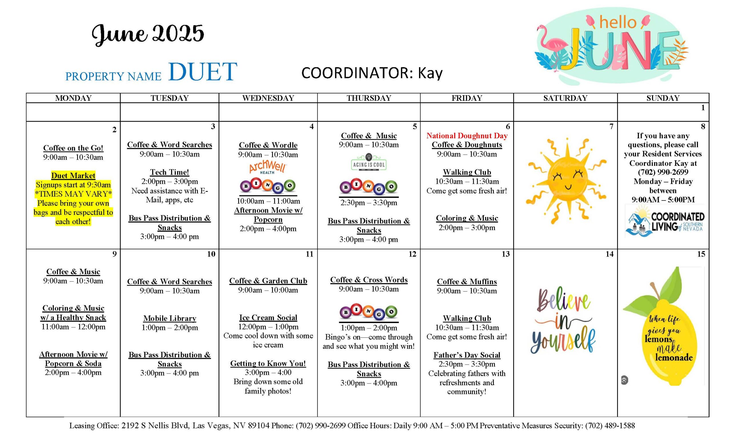 Duet Senior Apartments Las Vegas- Event Calendar
