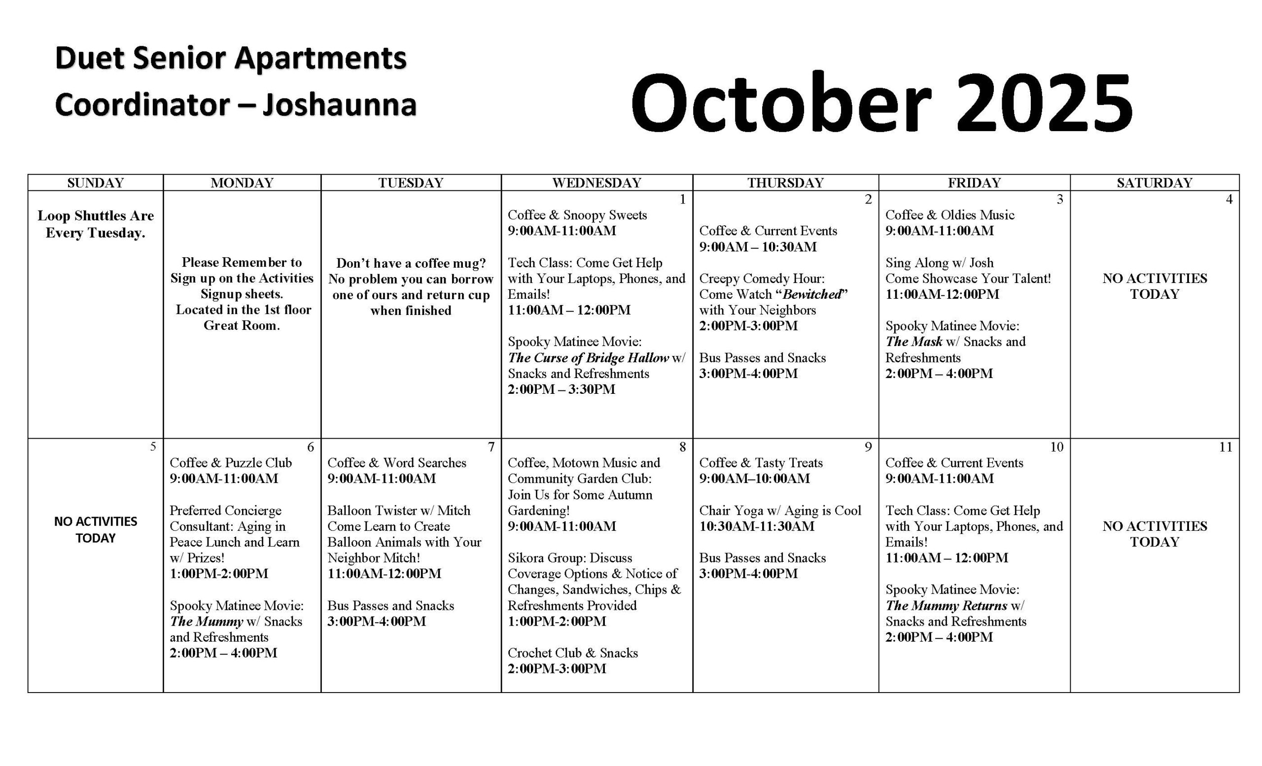 Duet Senior Apartments Event Calendar