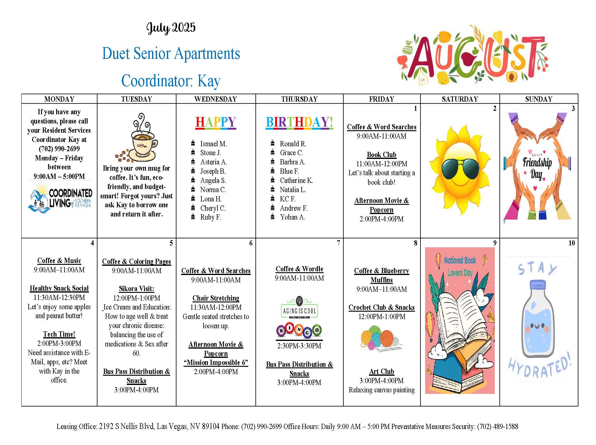 Duet Senior Apartments Events Calendar for August 2025