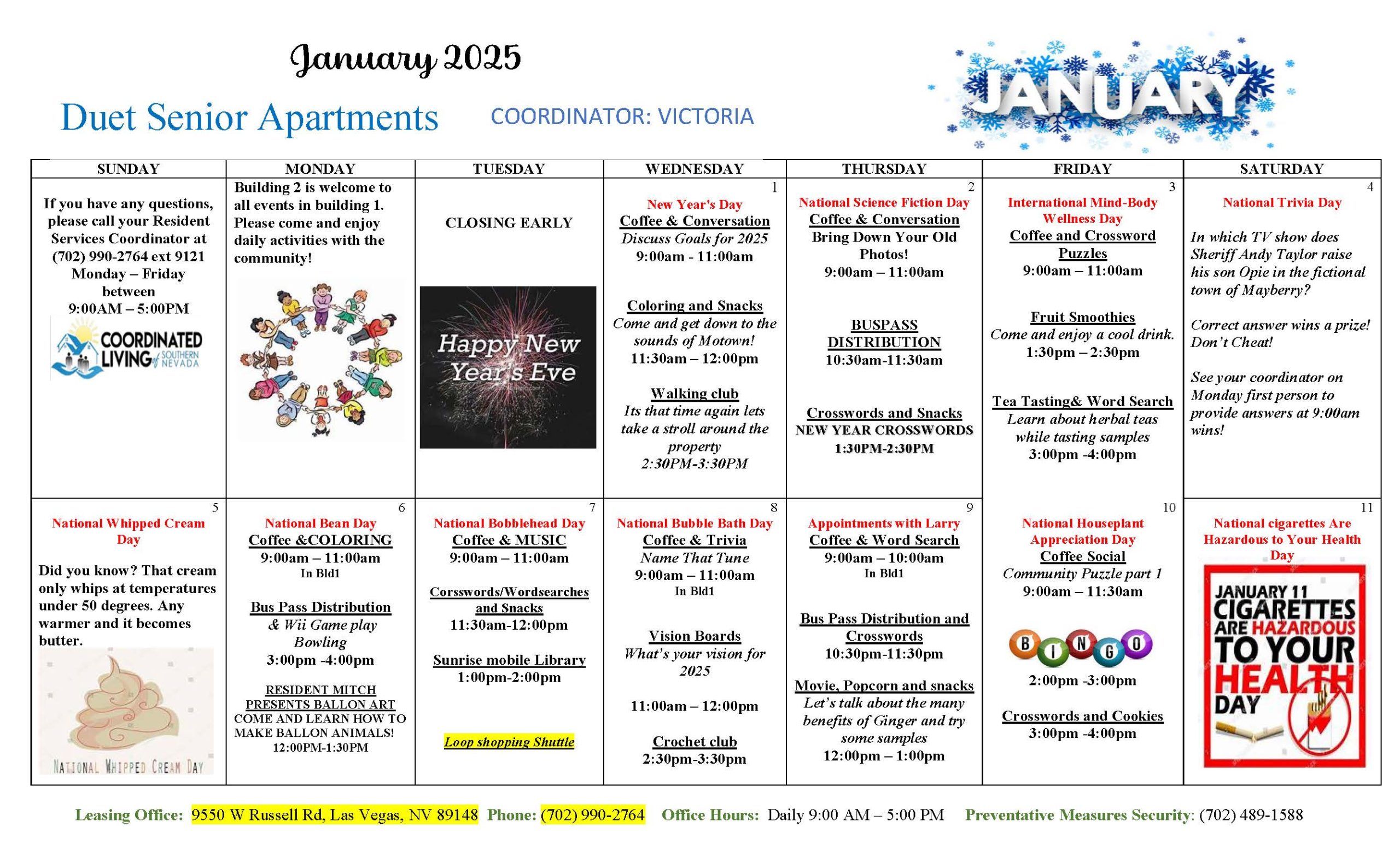 Duet Senior Housing Event Calendar January 2025