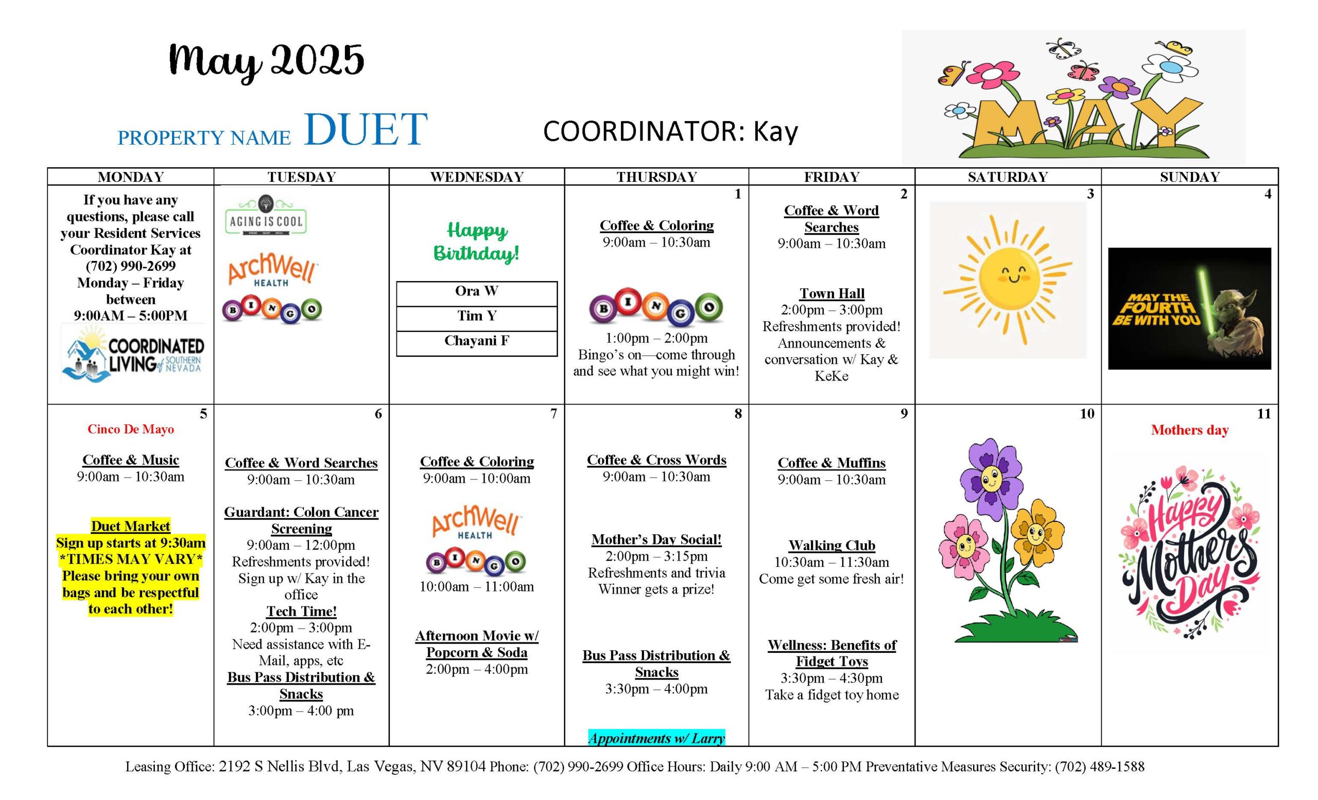 Duet Resident Events Calendar for May 2025