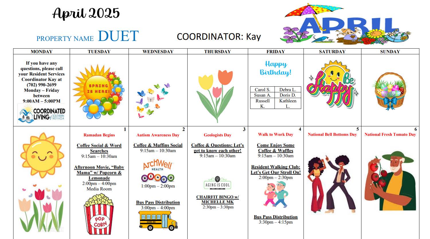 Duet Senior Living Resident Engagement Calendar for April 2025