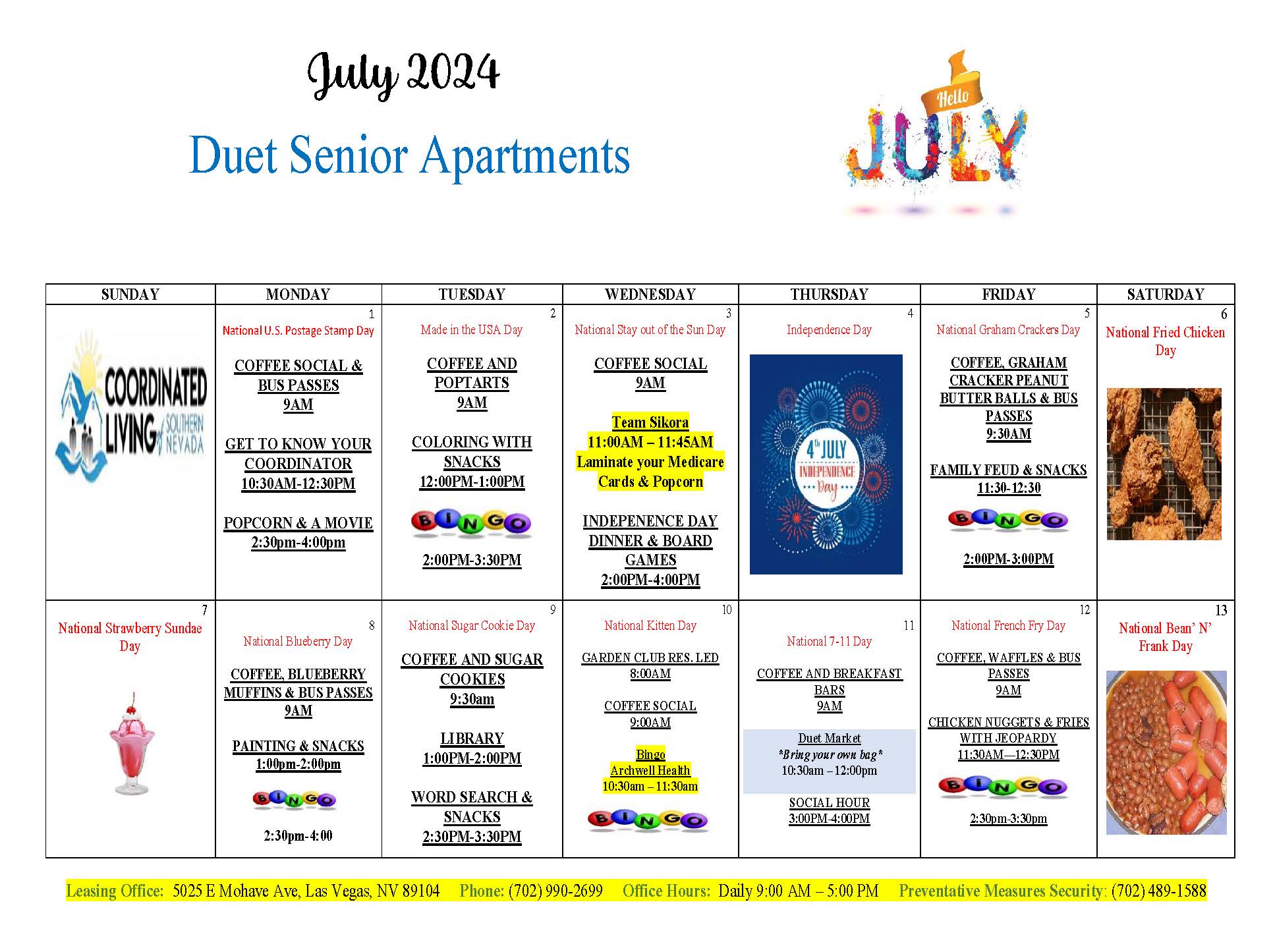 Duet Senior Apartments Calendar of Events July 2024