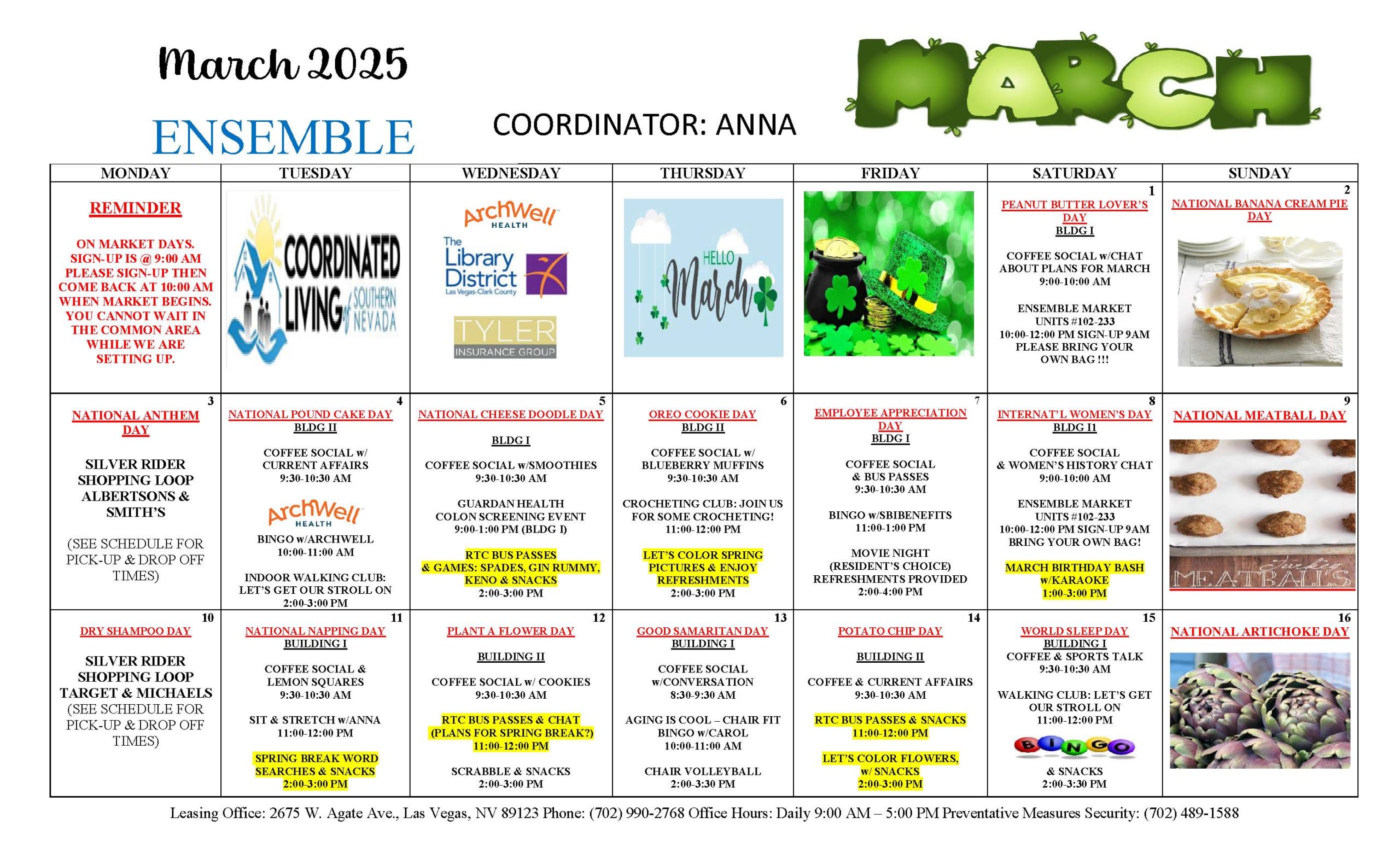 Resident engagement event calendar at Ensemble Senior Apartments