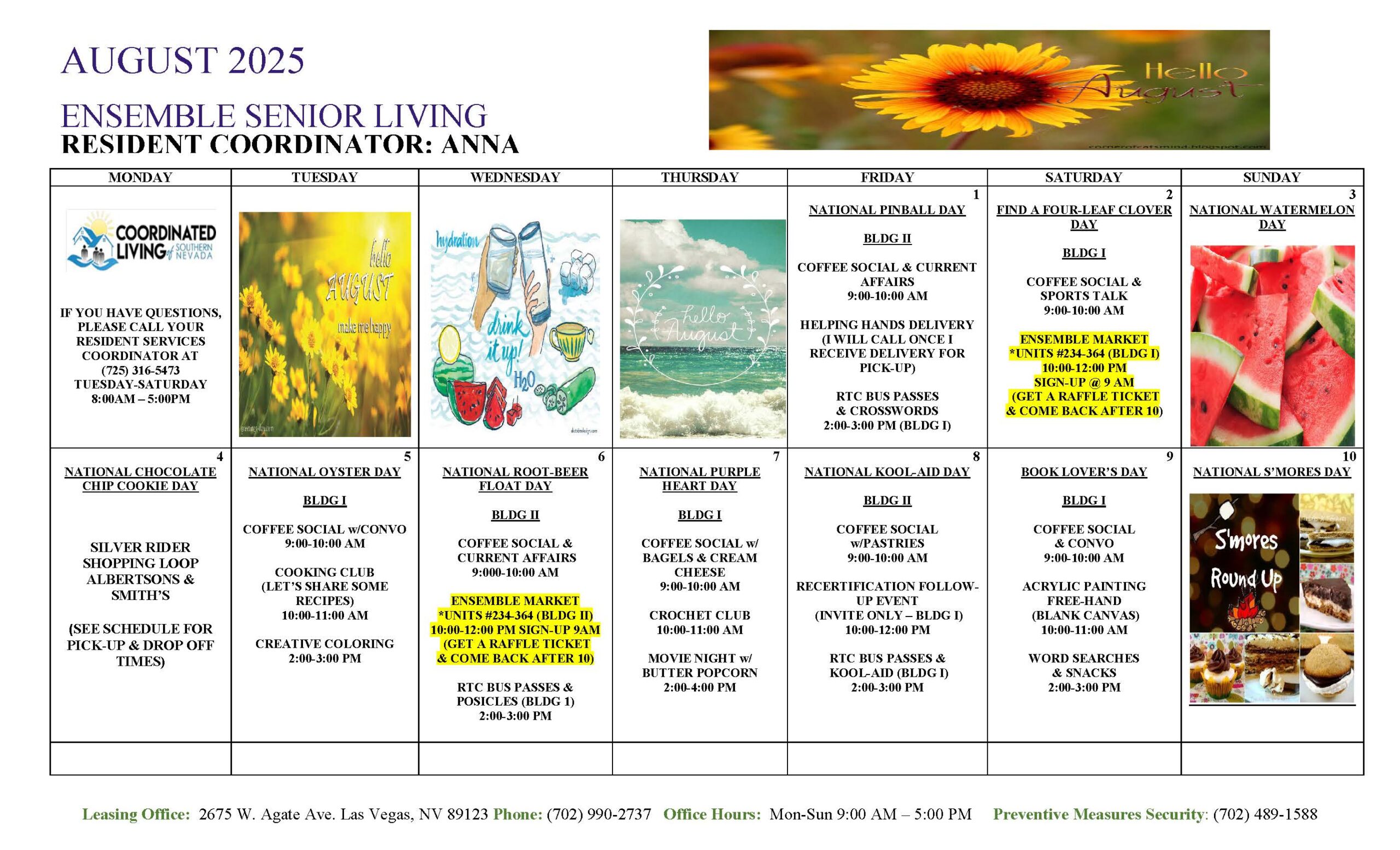 Senior resident engagement calendar at Ensemble Senior Apartments for August 2025